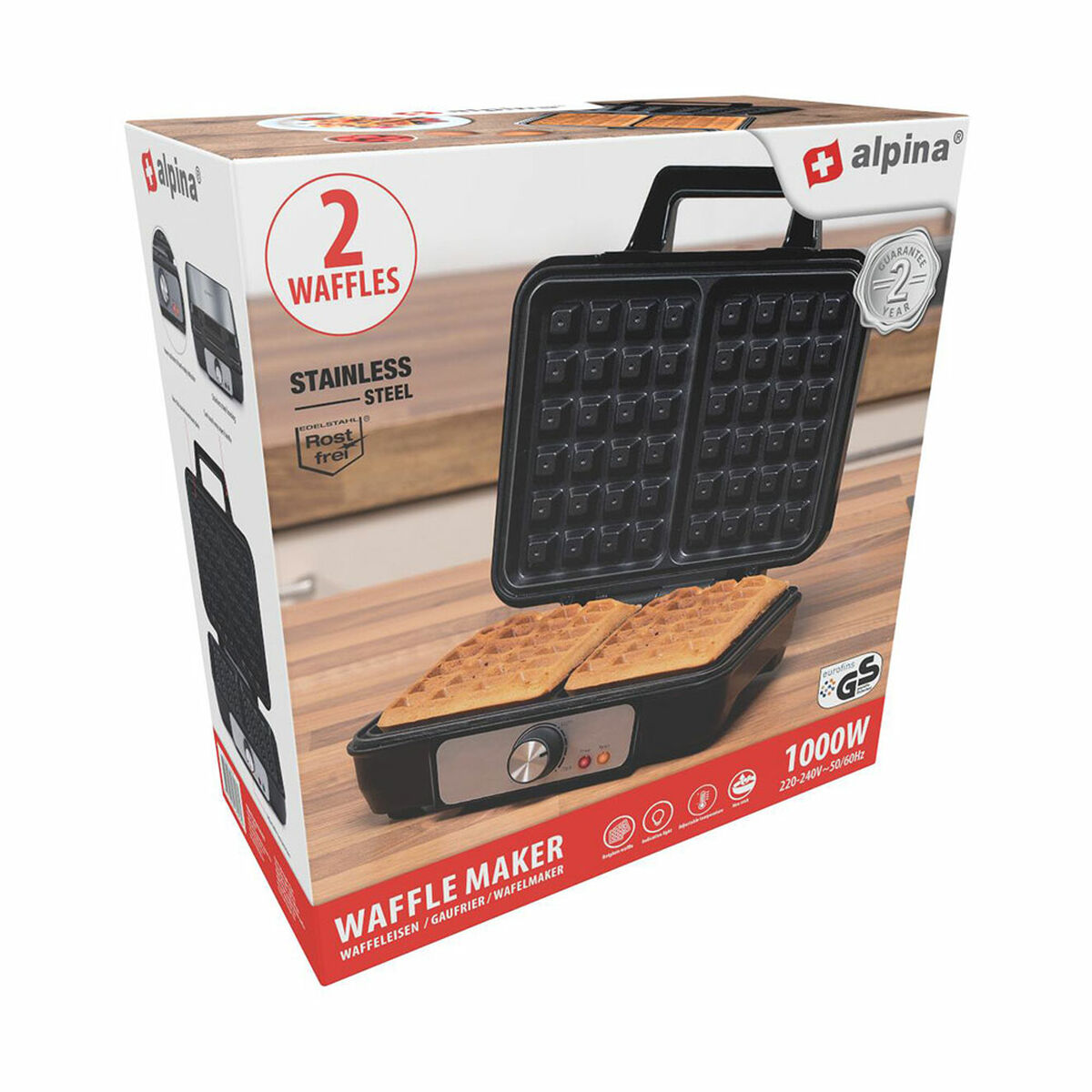 Waffle maker box with a waffle maker inside. The box shows waffles and the maker, and has branding.