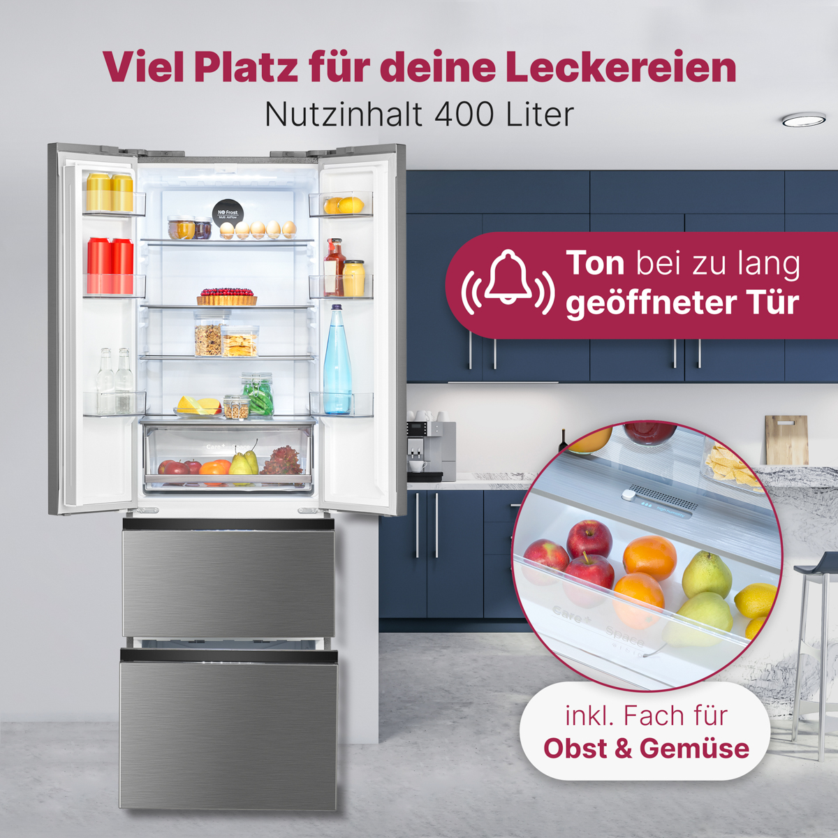 Offener Kühlschrank mit Essen und Obst. Text: 'Viel Platz für Leckereien. 400 Liter'.