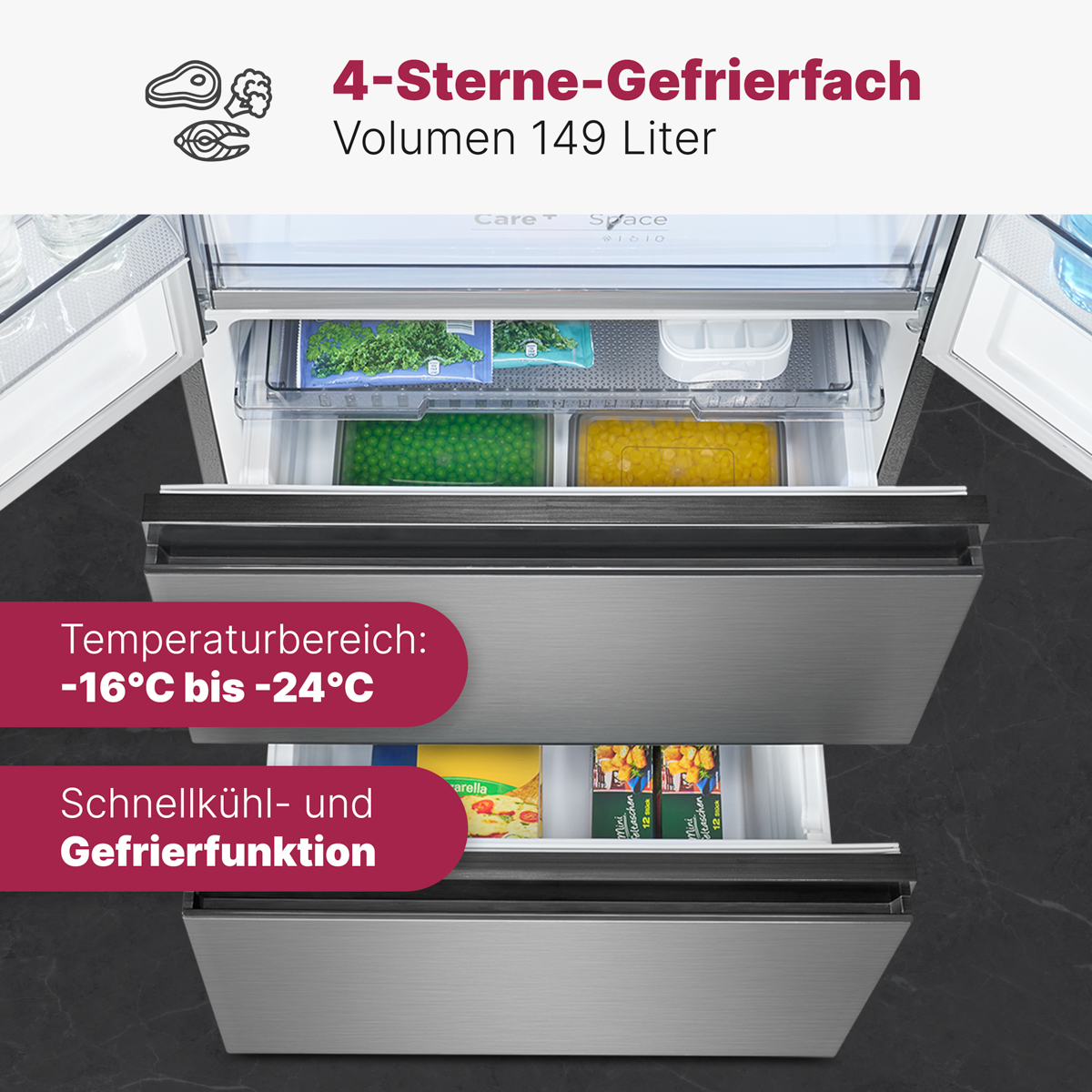 Geöffneter Kühlschrank mit Schubladen voller Tiefkühlkost, mit Temperaturbereich.