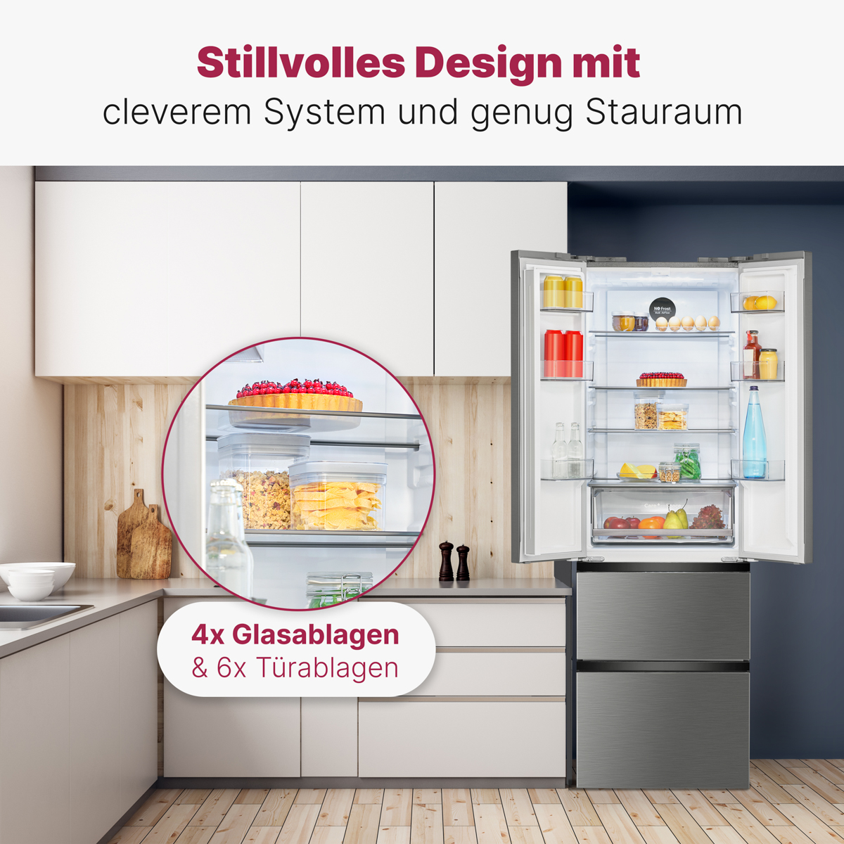 Ein Kühlschrank mit offenen Türen. Text: 4x Glasböden & 6x Türböden.
