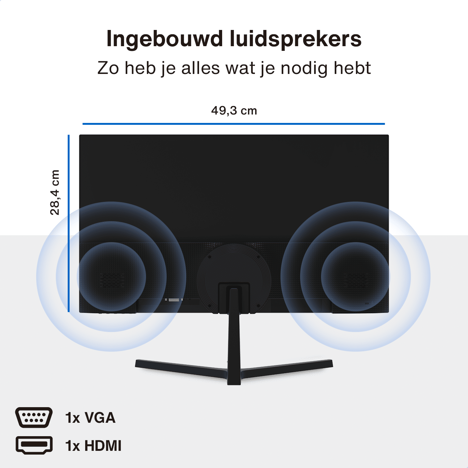 Monitor negro con soporte, dimensiones etiquetadas. Tiene altavoces integrados y varios puertos.