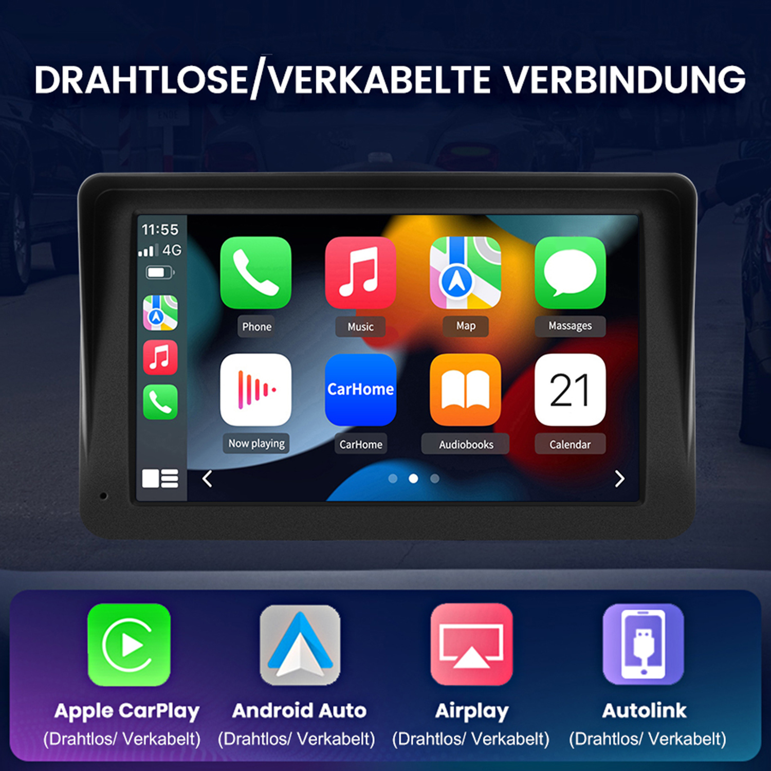 Ein Armaturenbrett mit einem Bildschirm, der Apps für Telefon, Musik, Karten, Nachrichten und Kalender zeigt.