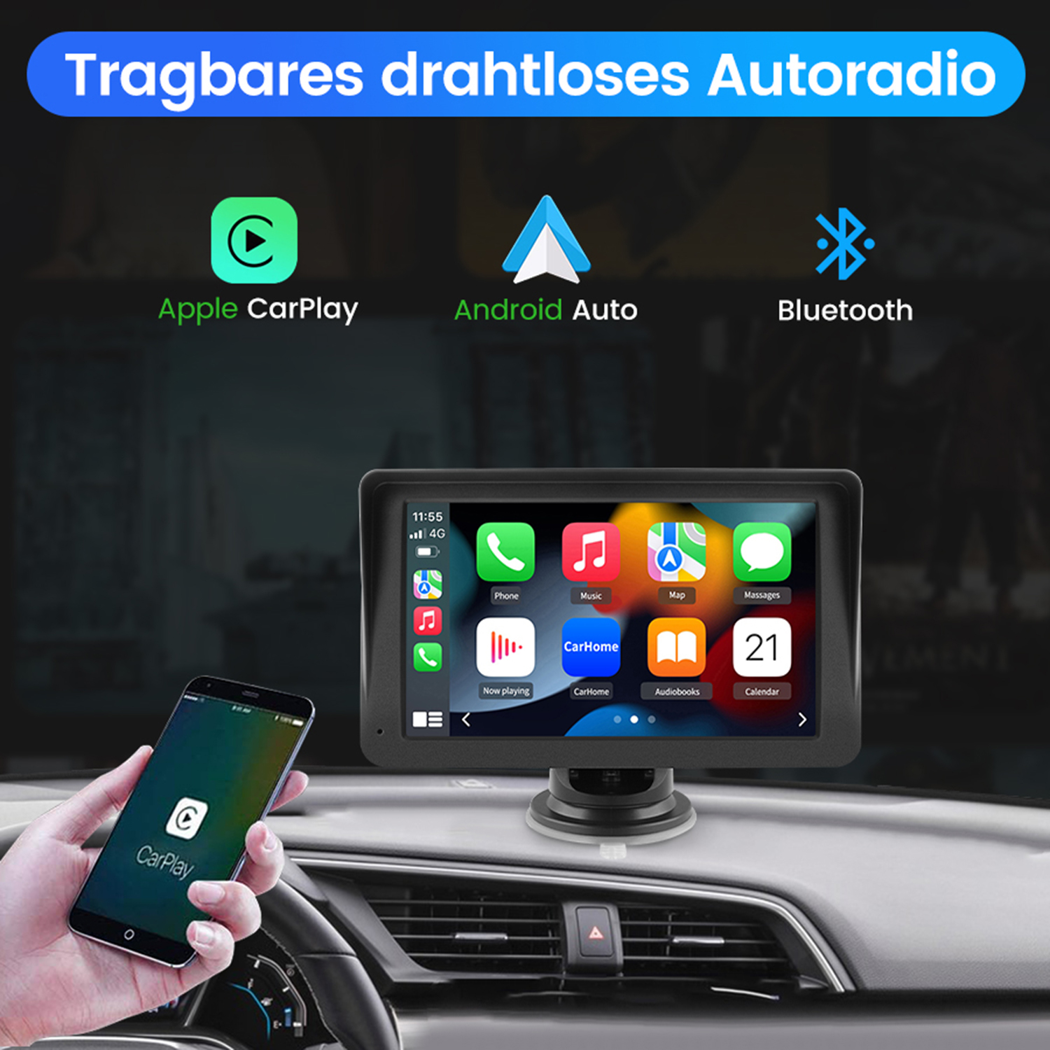 Ein Telefon mit CarPlay auf einem Armaturenbrettbildschirm. Apple CarPlay, Android Auto und Bluetooth-Symbole.