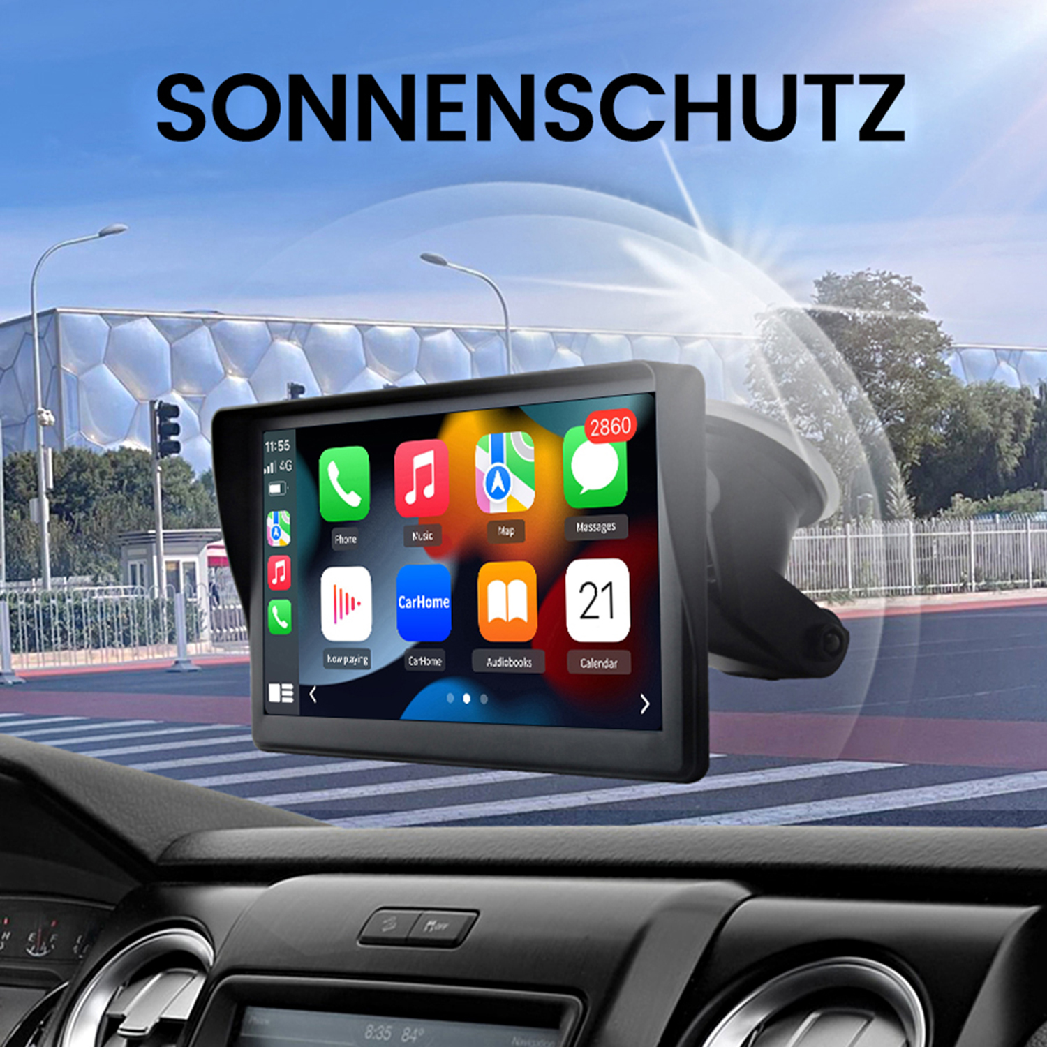 Ein Armaturenbrett mit einem Bildschirm, der Navigation und Apps zeigt, mit Sonnenblende.