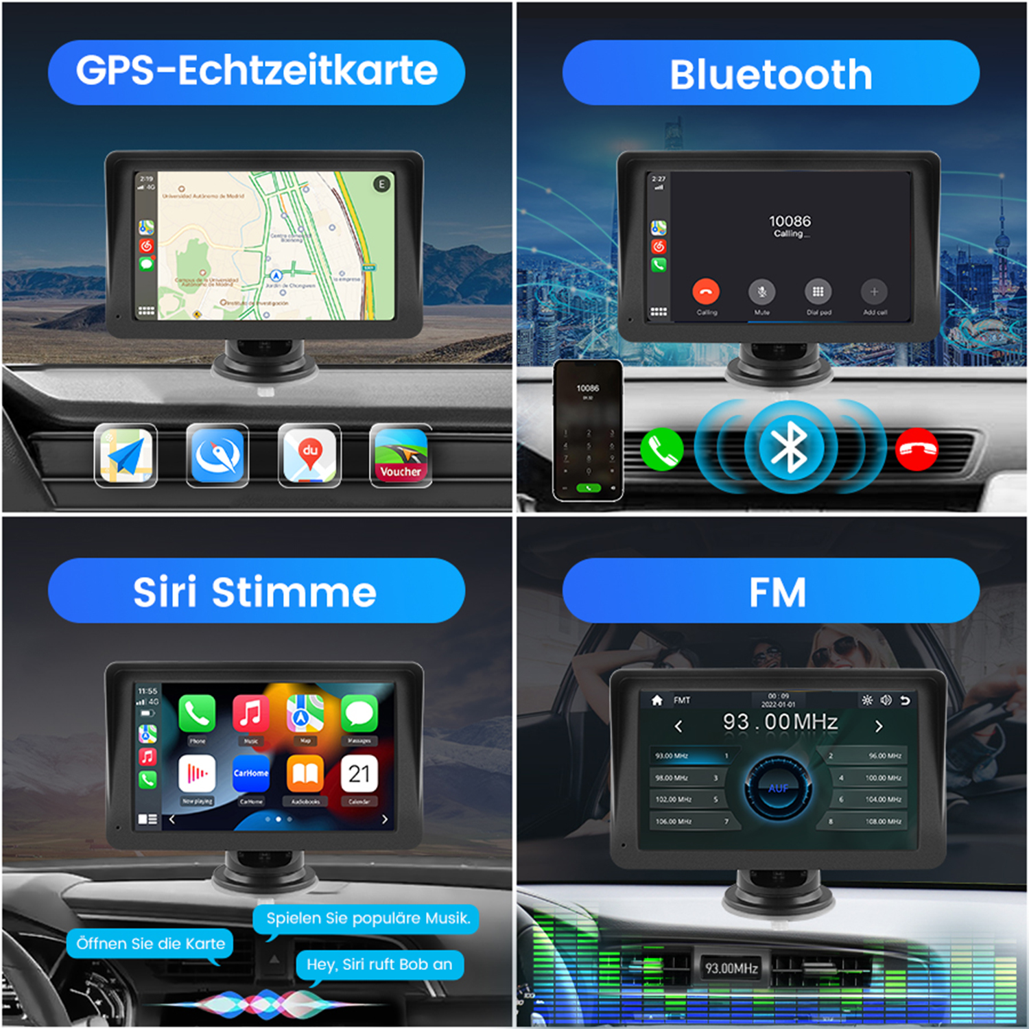 Vier Bildschirme zeigen Autonavigation, Bluetooth, Siri-Sprachsteuerung und UKW-Radio. Die Bilder sind im Armaturenbrett eines Autos montiert.