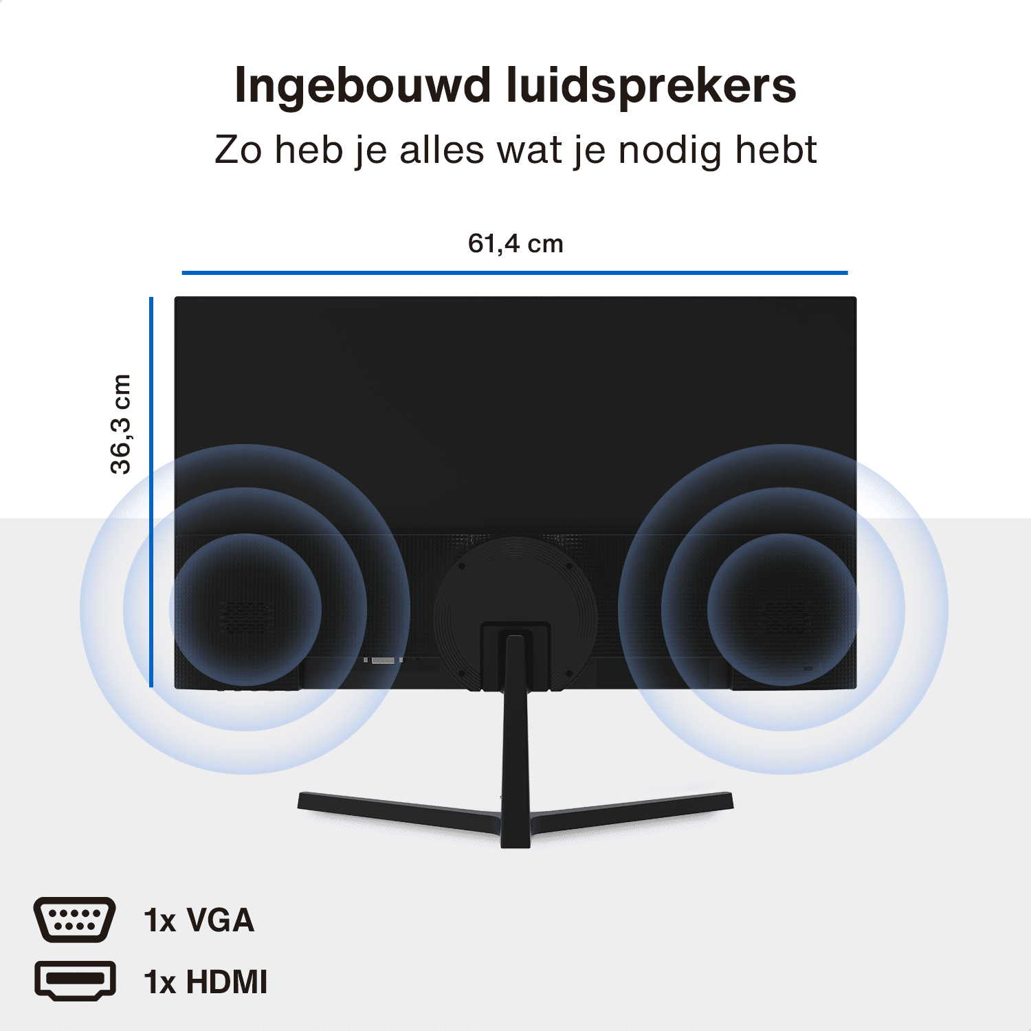 Vue arrière d'un moniteur noir, avec dimensions et détails des ports, sur fond blanc avec cercle bleu.