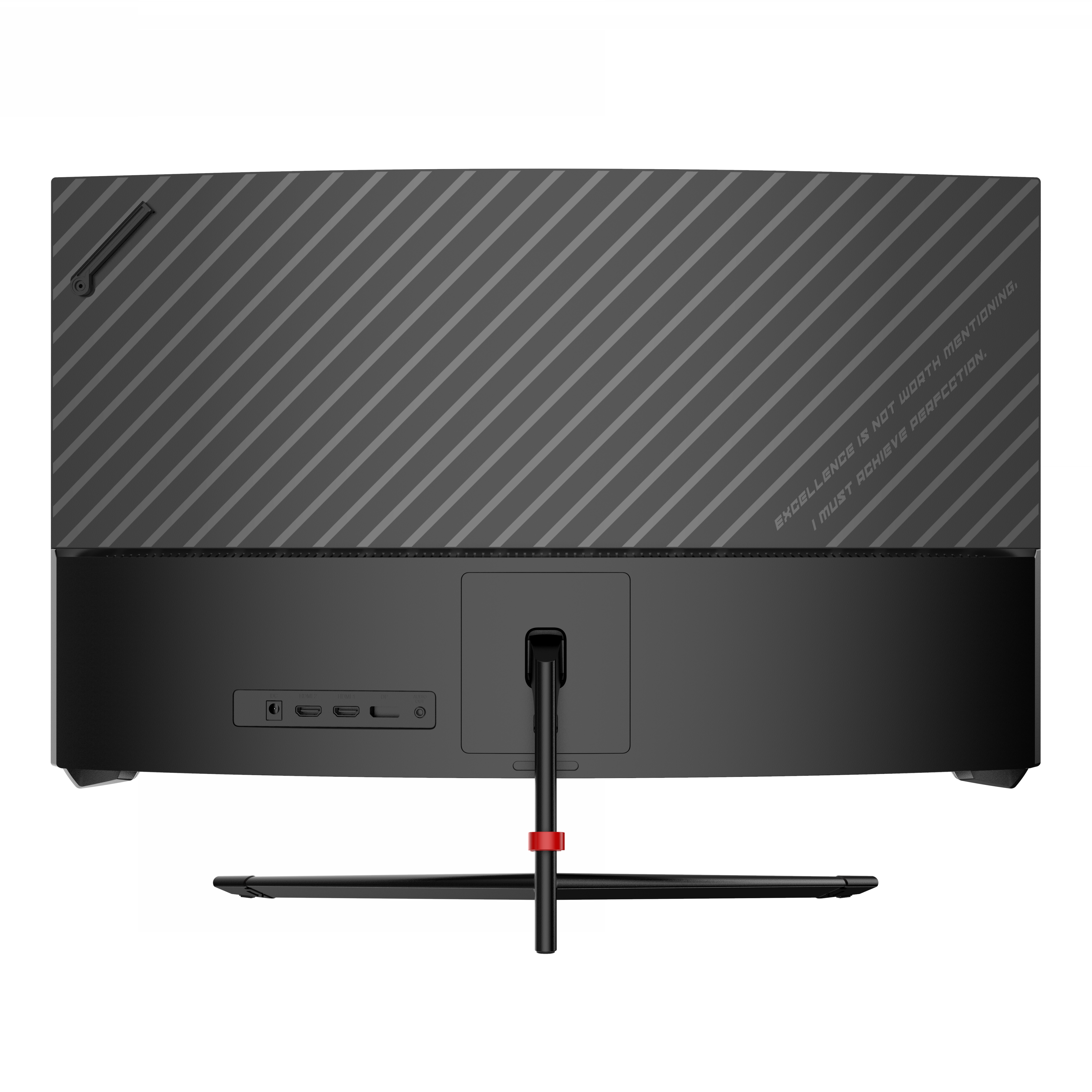 Tył czarnego monitora komputerowego z tekstem i portami. Czarne tło z przekątnymi liniami.