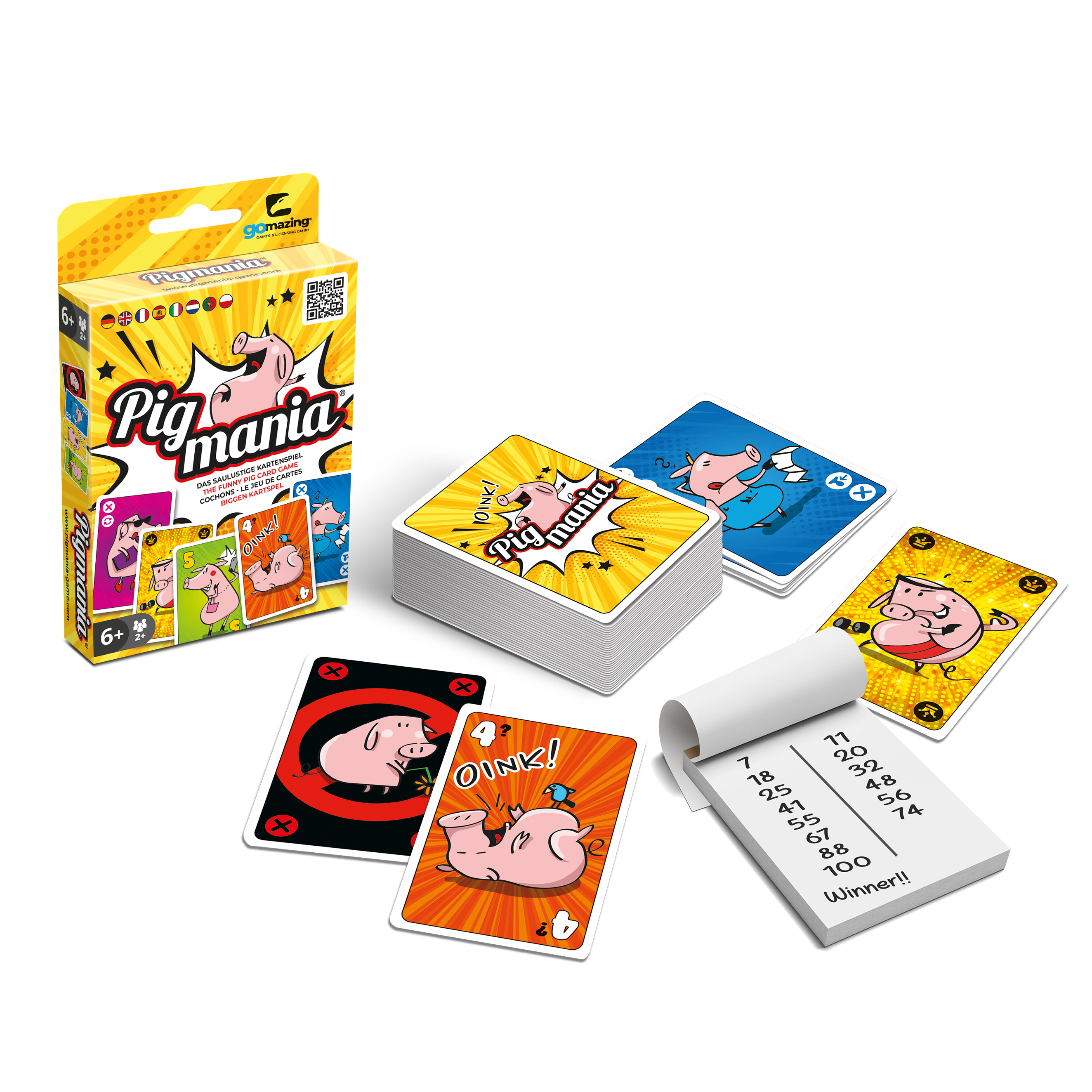 Pigmania Kartenspielbox und Karten. Enthält Karten mit Schweinen und einen Wertungsblock.