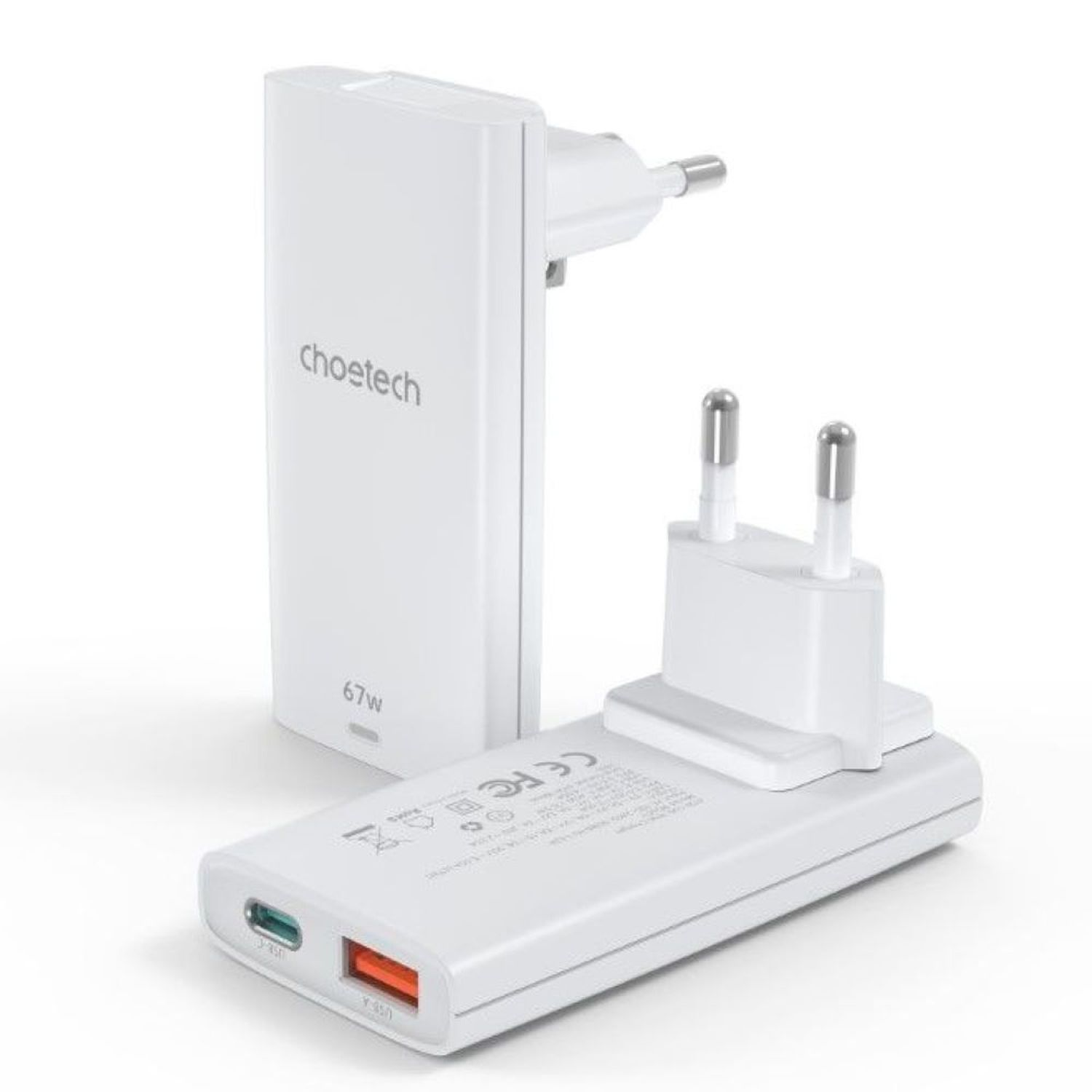 Weißes Ladegerät mit Stecker und kleinerem Ladegerät mit USB-Anschlüssen.