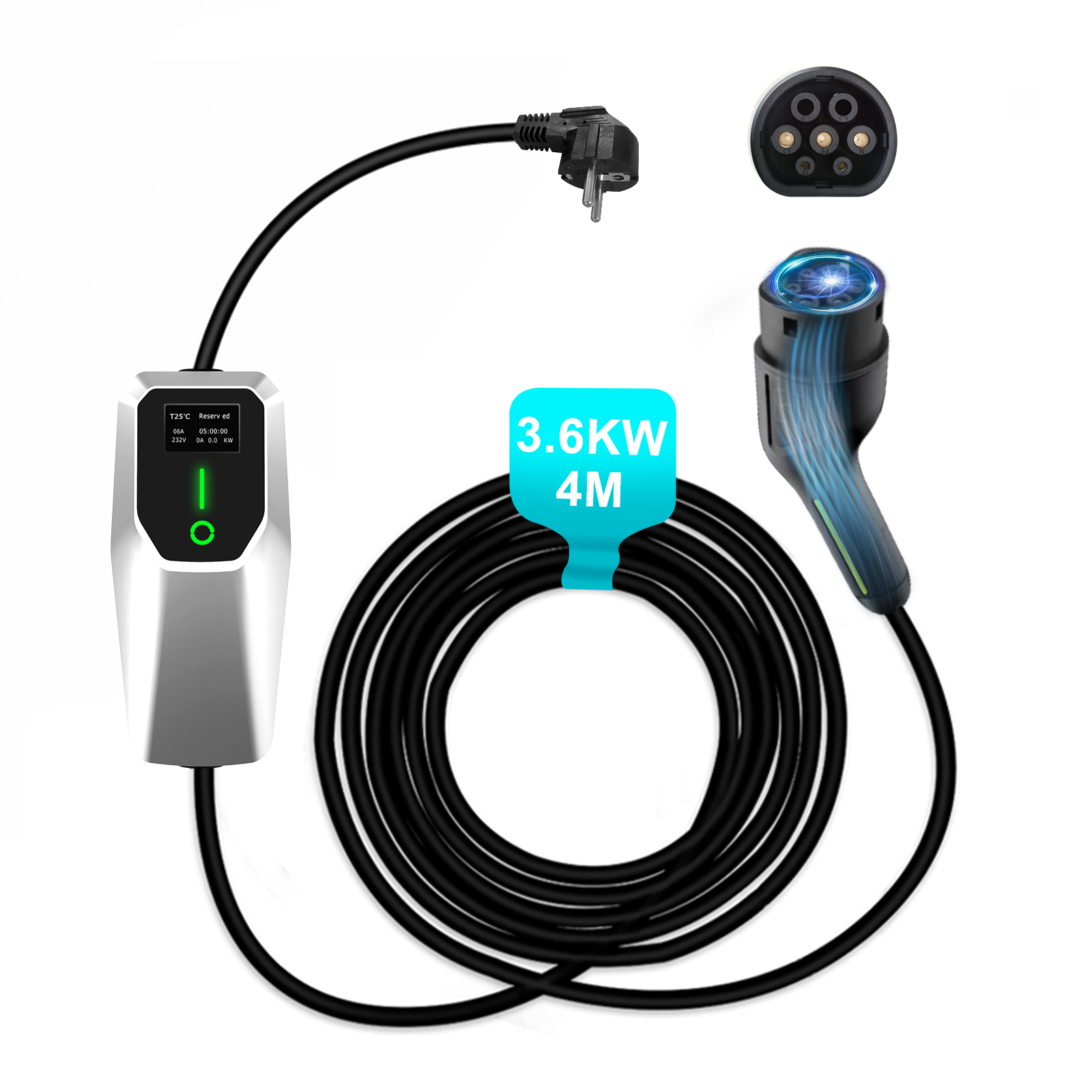 Weißer Hintergrund mit einem EV-Ladegerät und -Kabel. Es hat einen Bildschirm mit Informationen und ein 3,6-kW-Etikett.