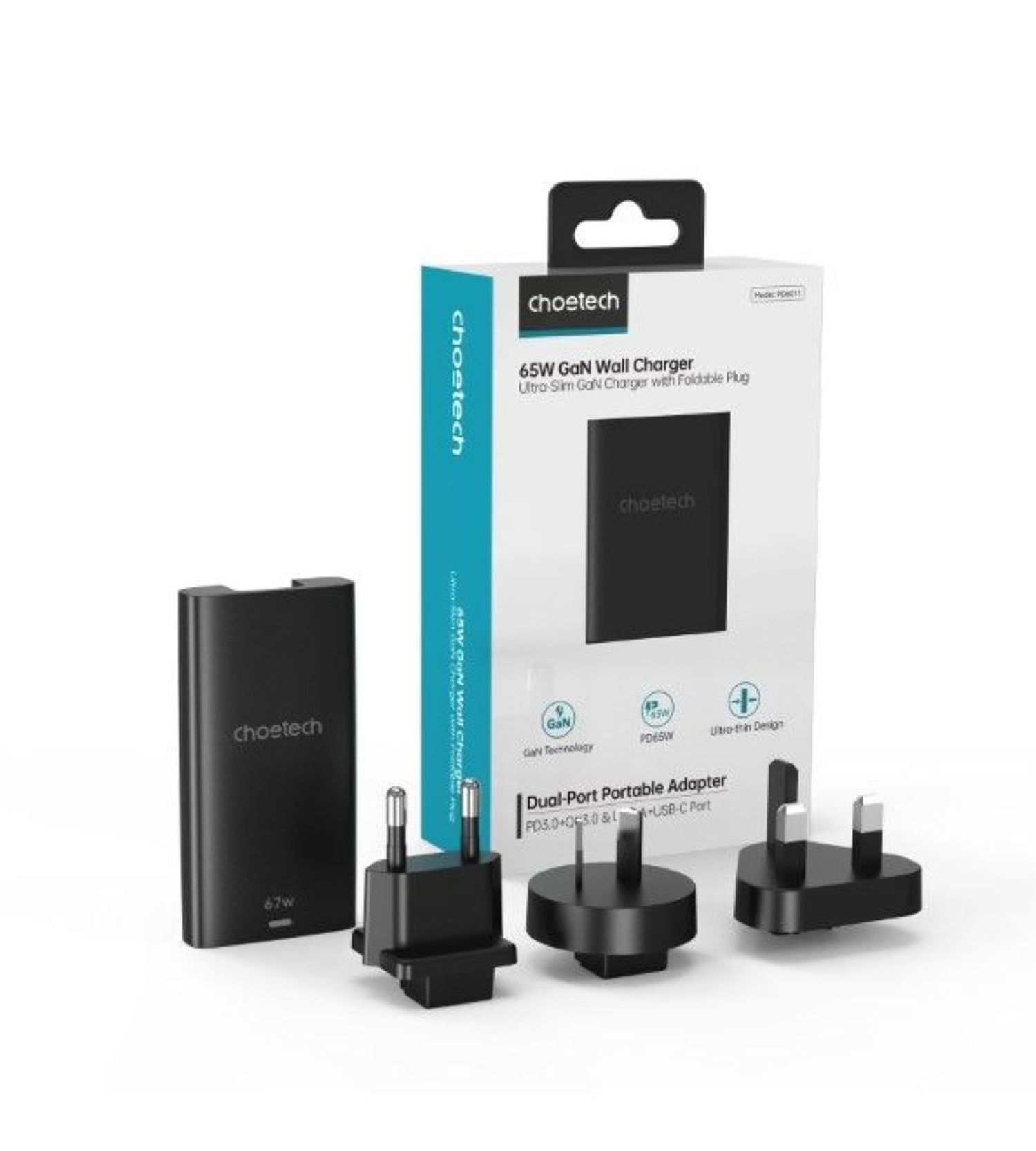 Choetech Ladeset mit Wandladegerät und mehreren Adaptern sowie einer schwarzen Powerbank.