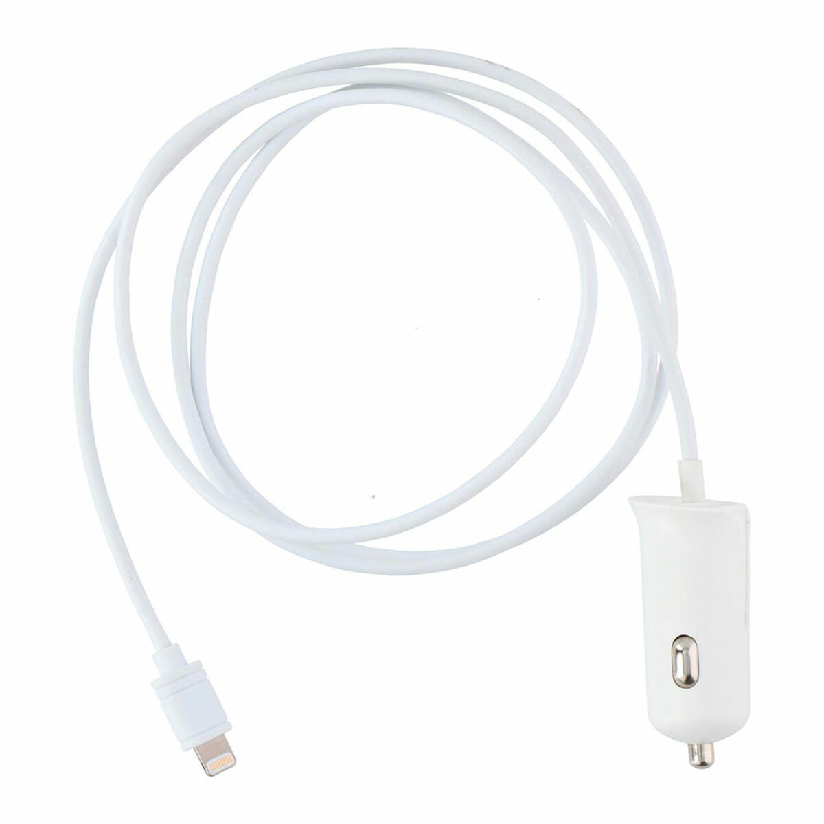 Weißes Ladekabel mit Lightning-Anschluss und Kfz-Ladeadapter.