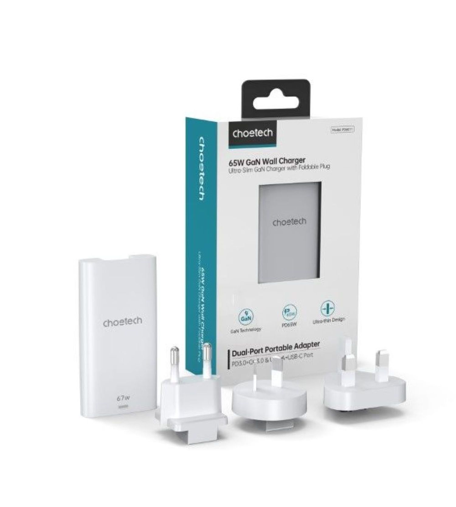 Choetech 65W GaN Wandladegerät mit mehreren Steckern und einem weißen Adapter.