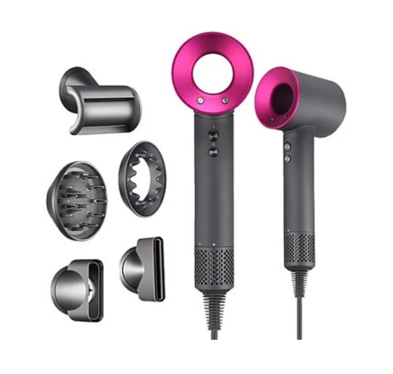 Due asciugacapelli grigi con accenti rosa e accessori su sfondo bianco.