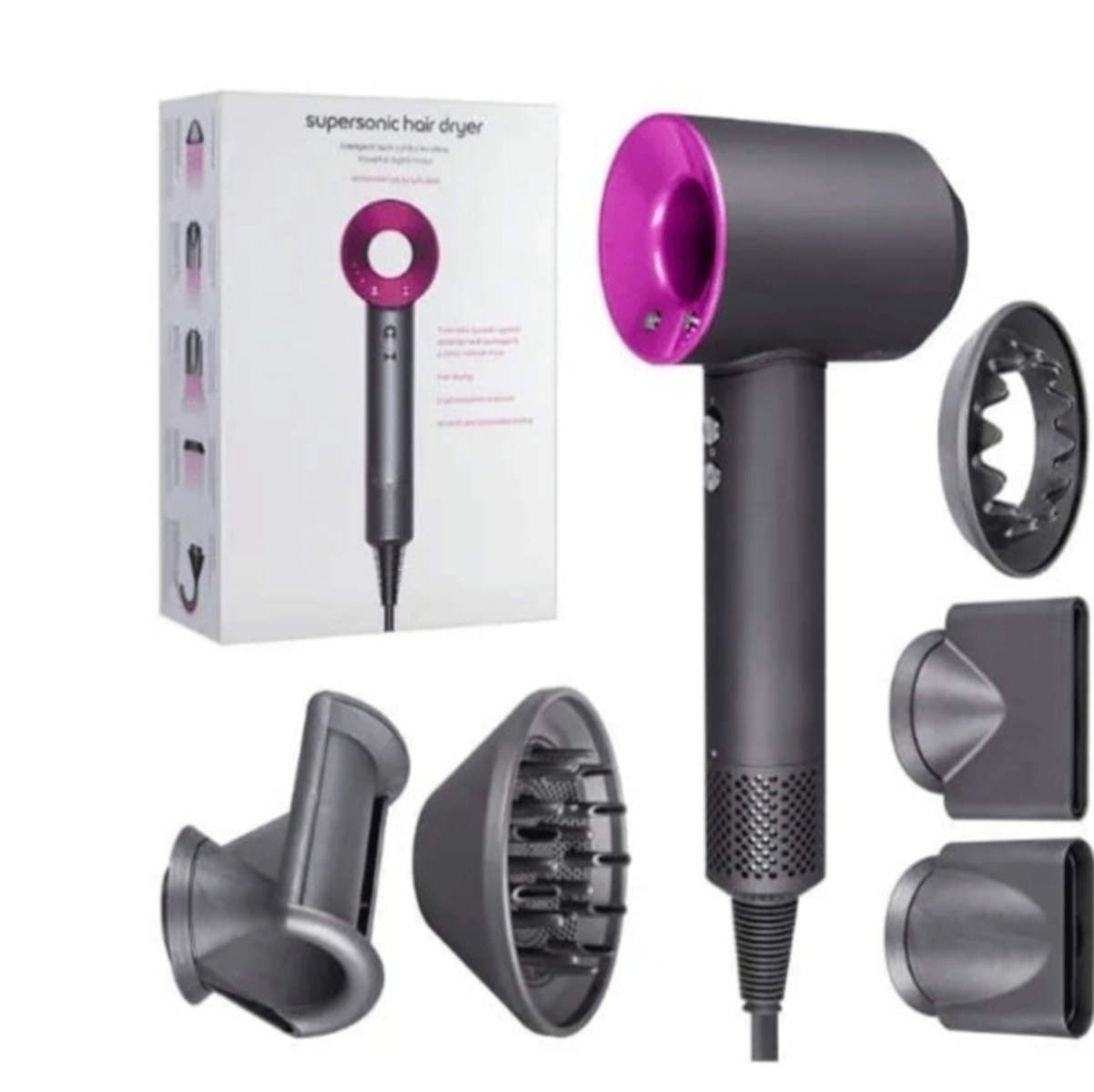Un asciugacapelli Dyson supersonic, con più accessori. È grigio e rosa. Una scatola bianca sullo sfondo.