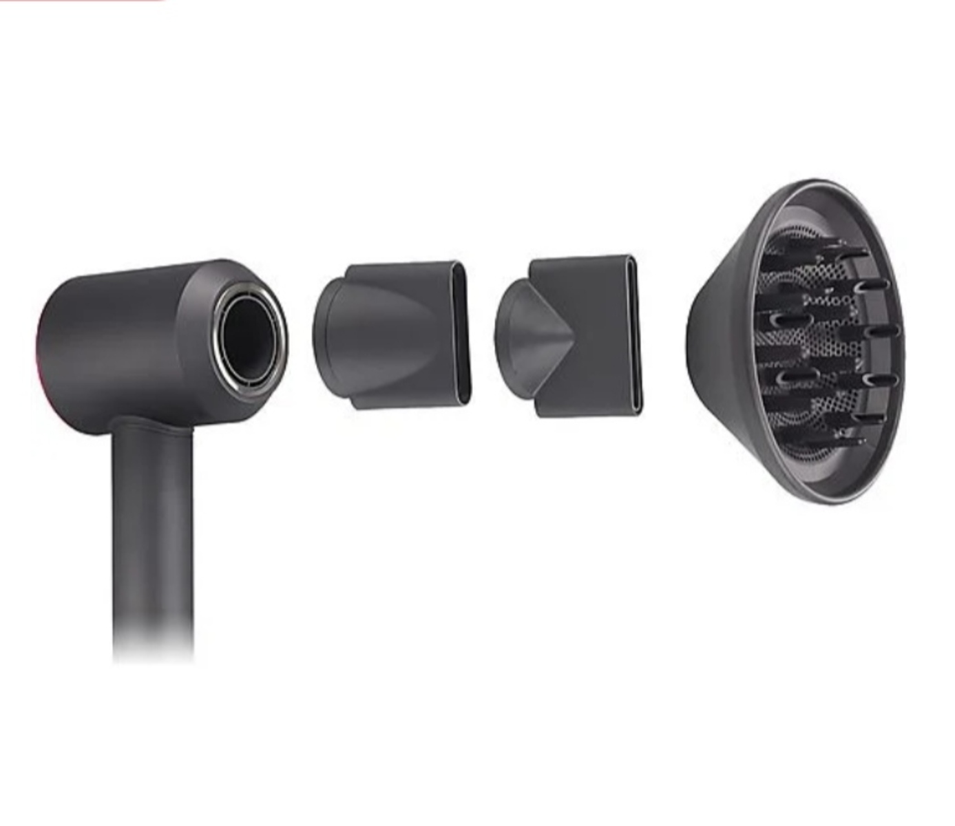 Asciugacapelli Dyson grigio con tre accessori. L'asciugacapelli e gli accessori sono separati.