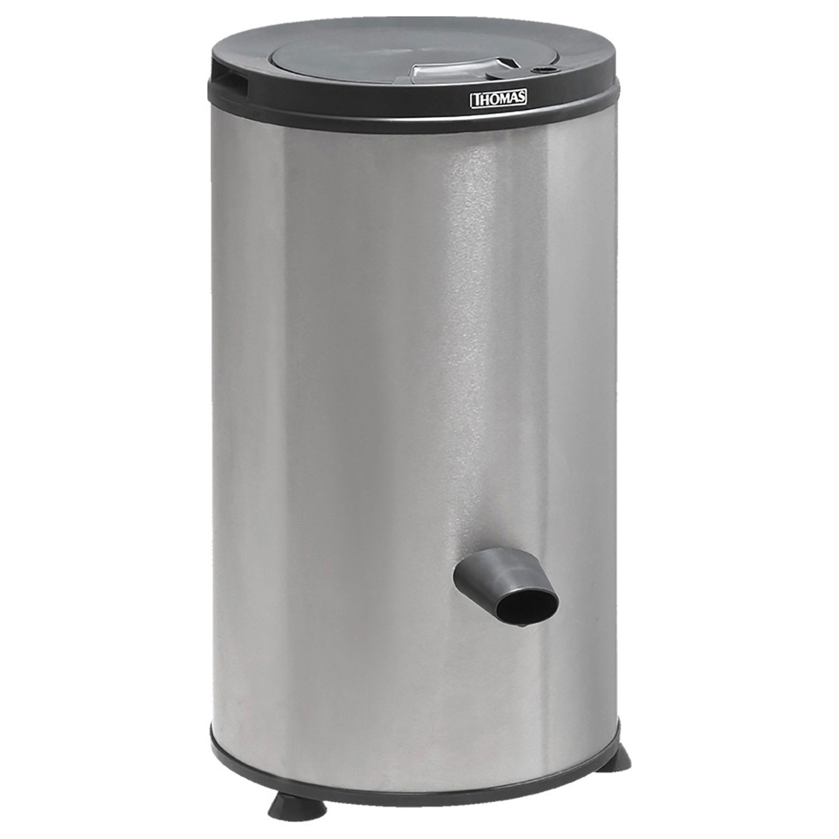 A stainless steel washing machine with a dark gray top.