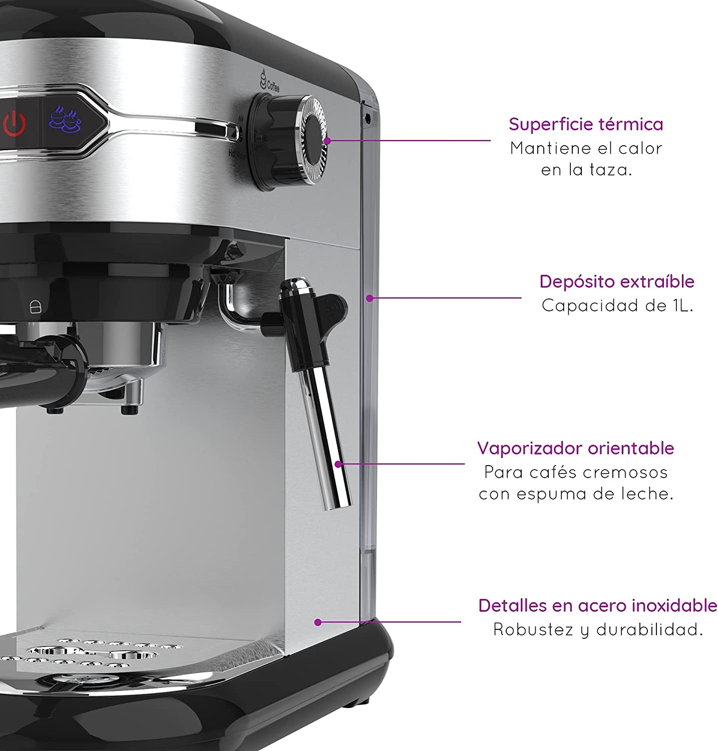 Máquina de espresso con diseño en acero y negro. Etiquetas indican partes y funciones.