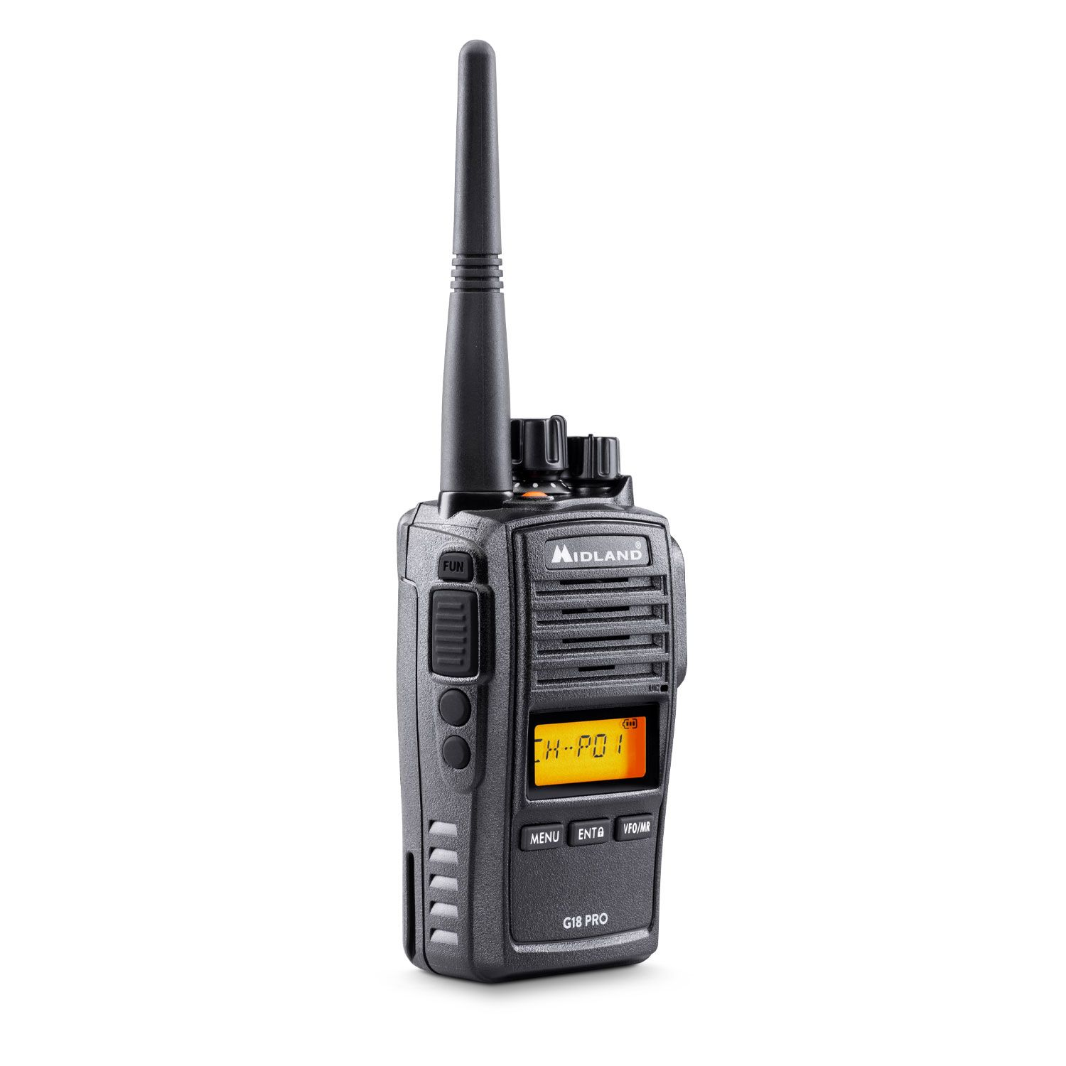 Radio Midland G18 Pro negro, con una pantalla visible que muestra información del canal.