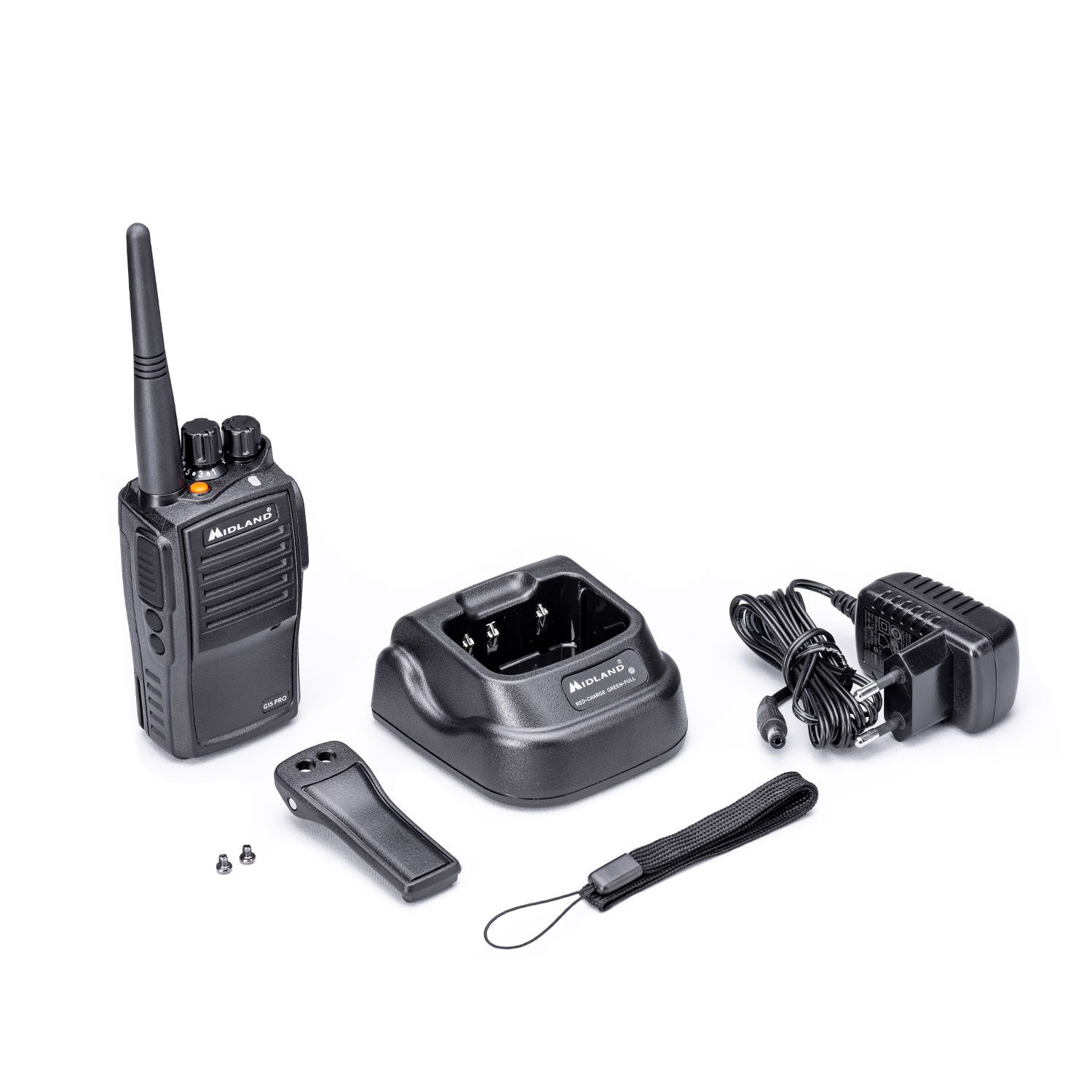 Un set walkie-talkie Midland. Include radio, caricabatterie, antenna e altri accessori.