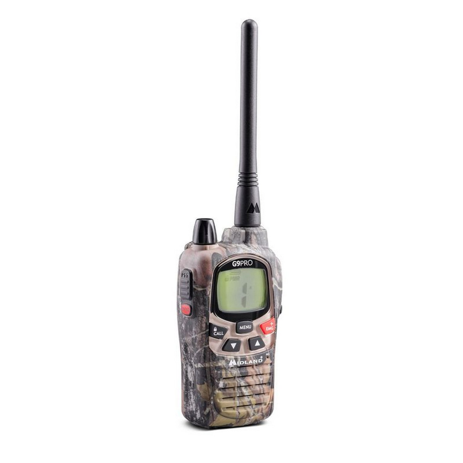 Un walkie-talkie de camuflaje con antena, botones y pantalla, sobre fondo blanco.
