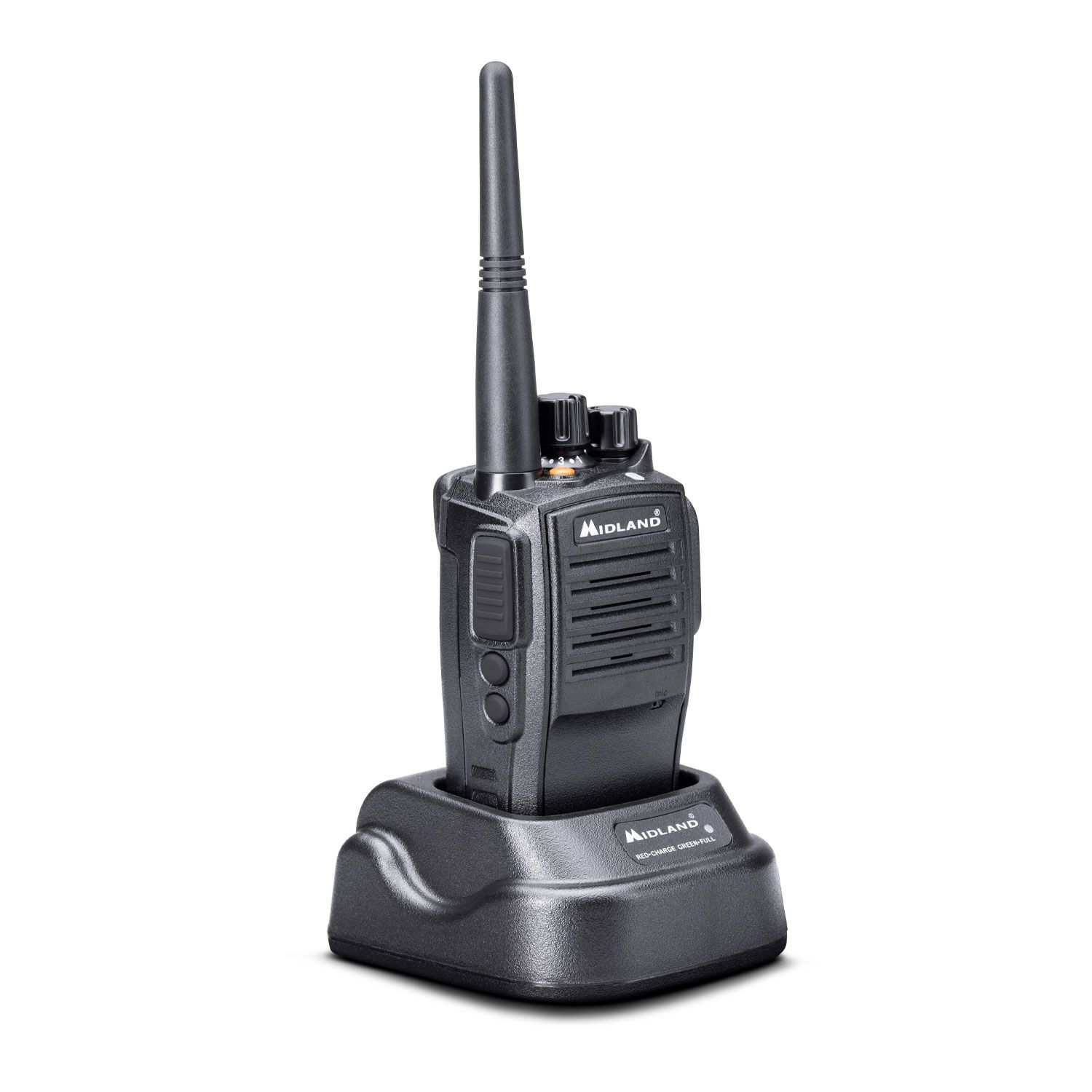Walkie-talkie nero Midland in una base di ricarica.