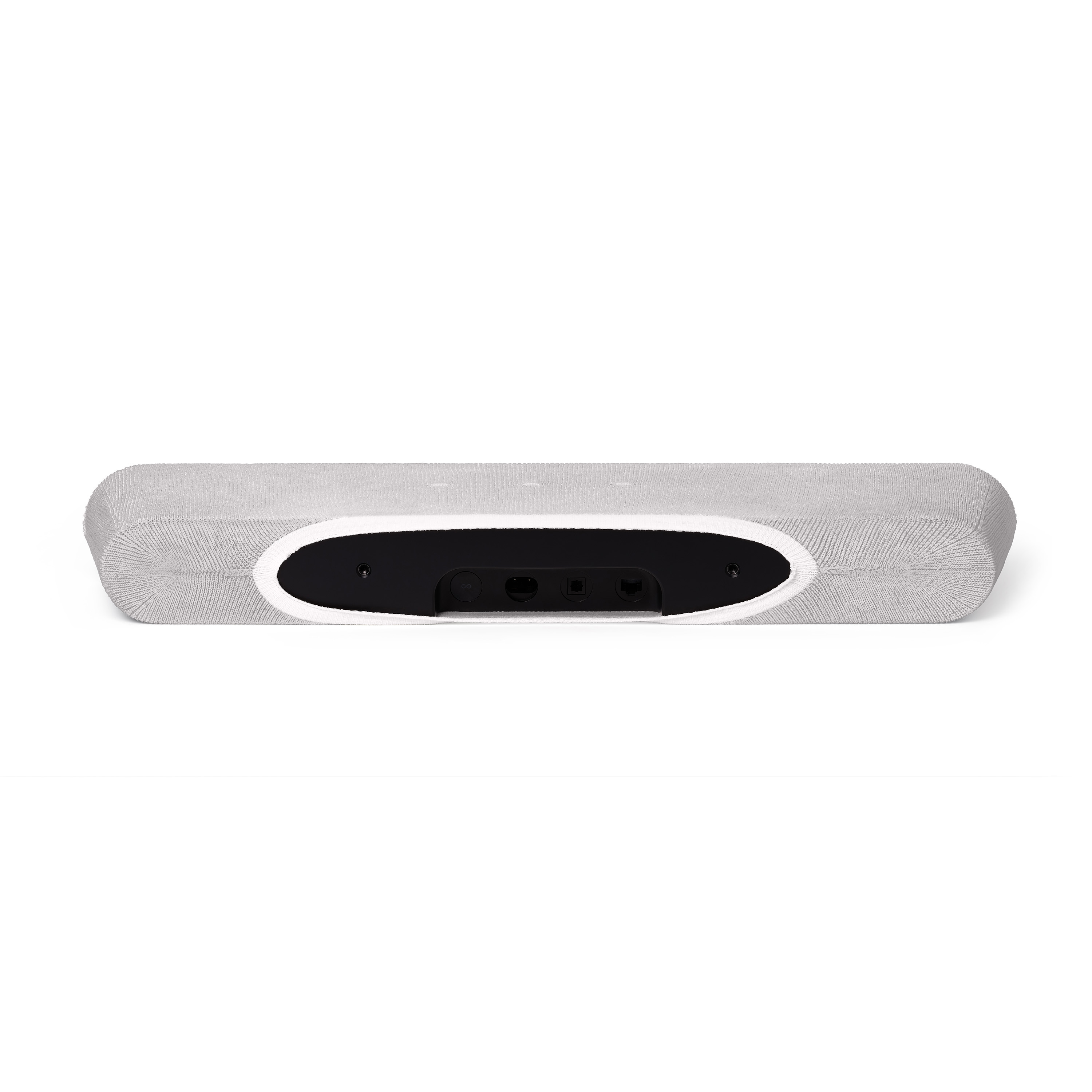 Barre de son longue, gris clair, avec un centre ovale noir. Elle est sur une surface blanche.