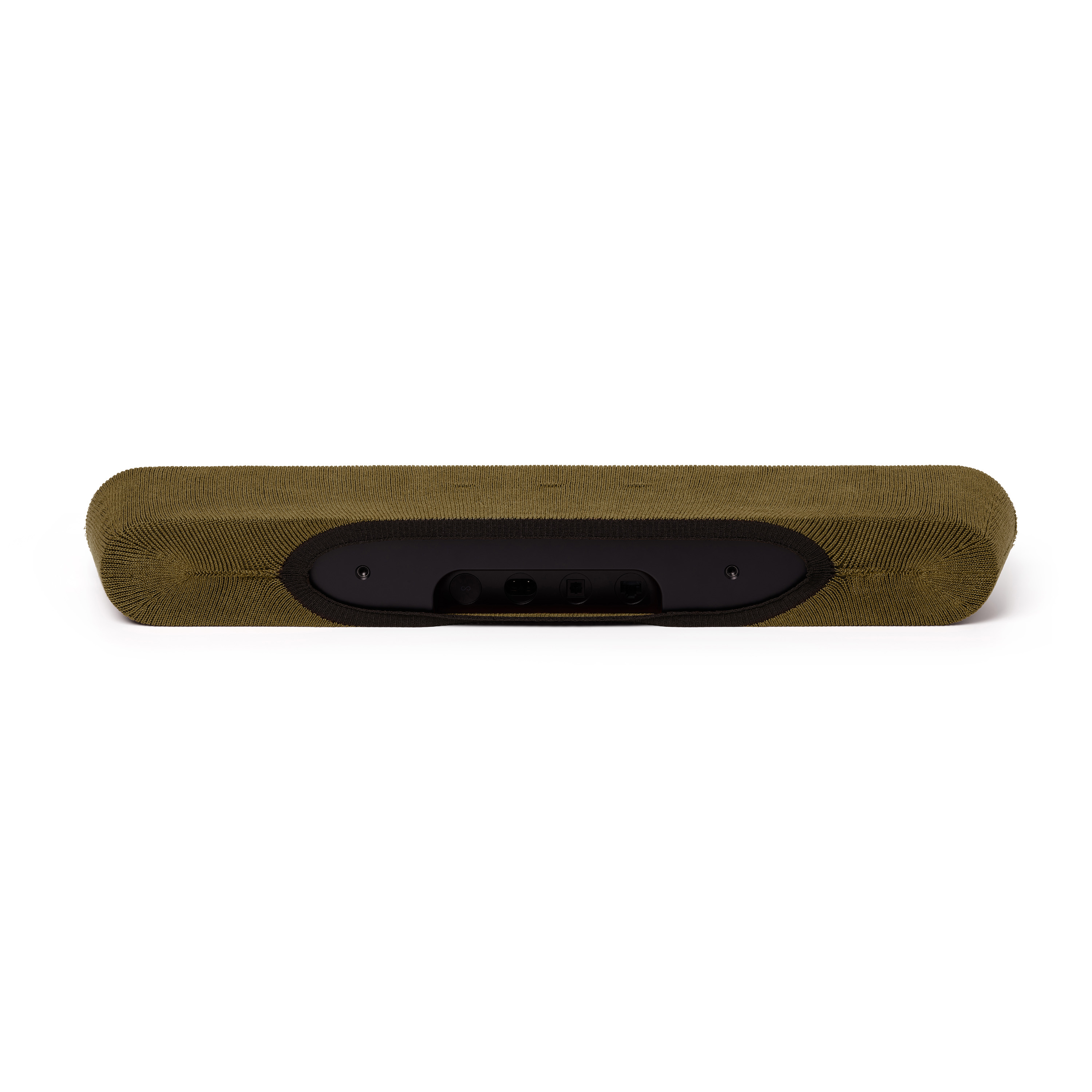 Une longue barre de son vert olive avec des boutons à l'arrière. Elle a un design noir incurvé.