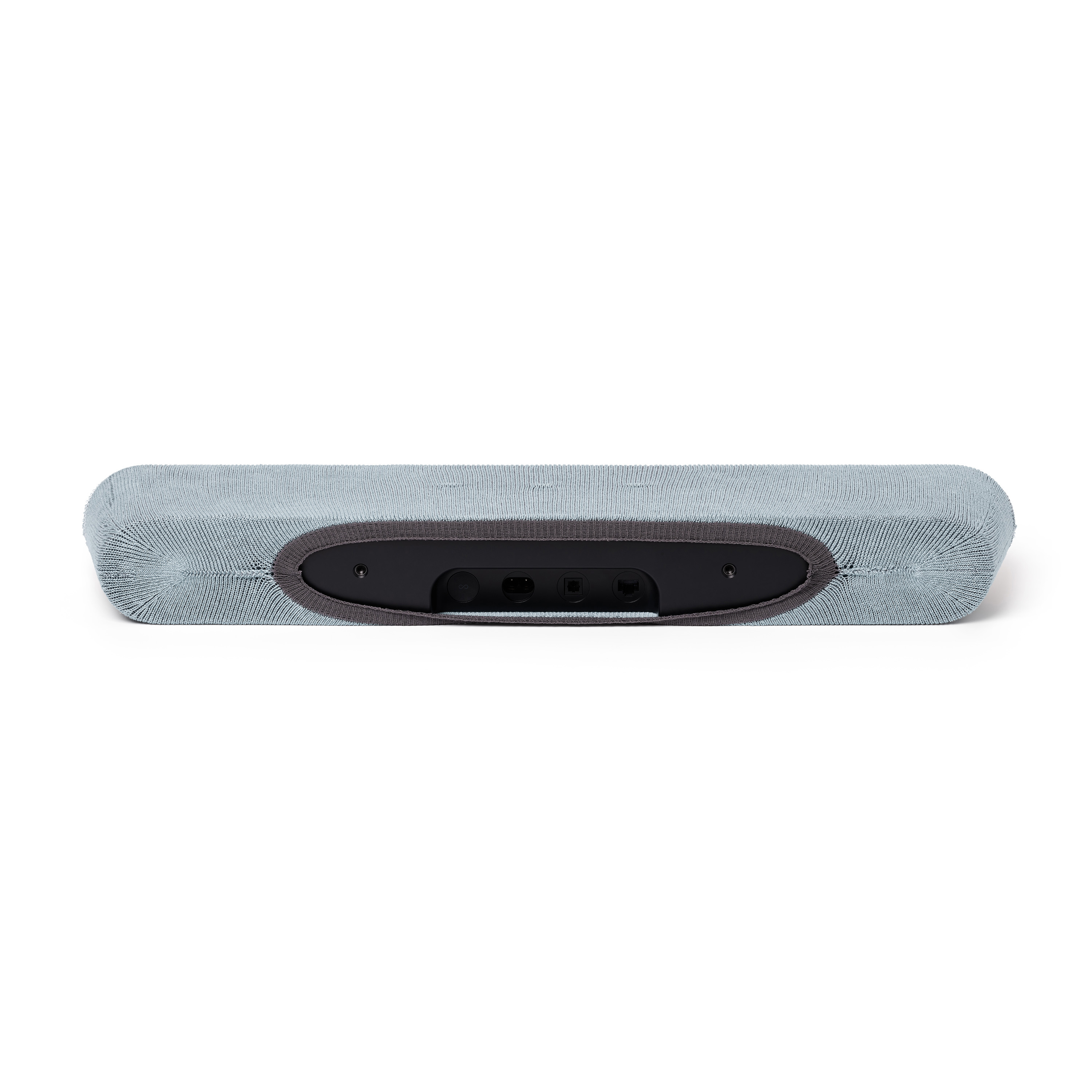 Barre de son recouverte de tissu bleu. Dos noir avec ports.