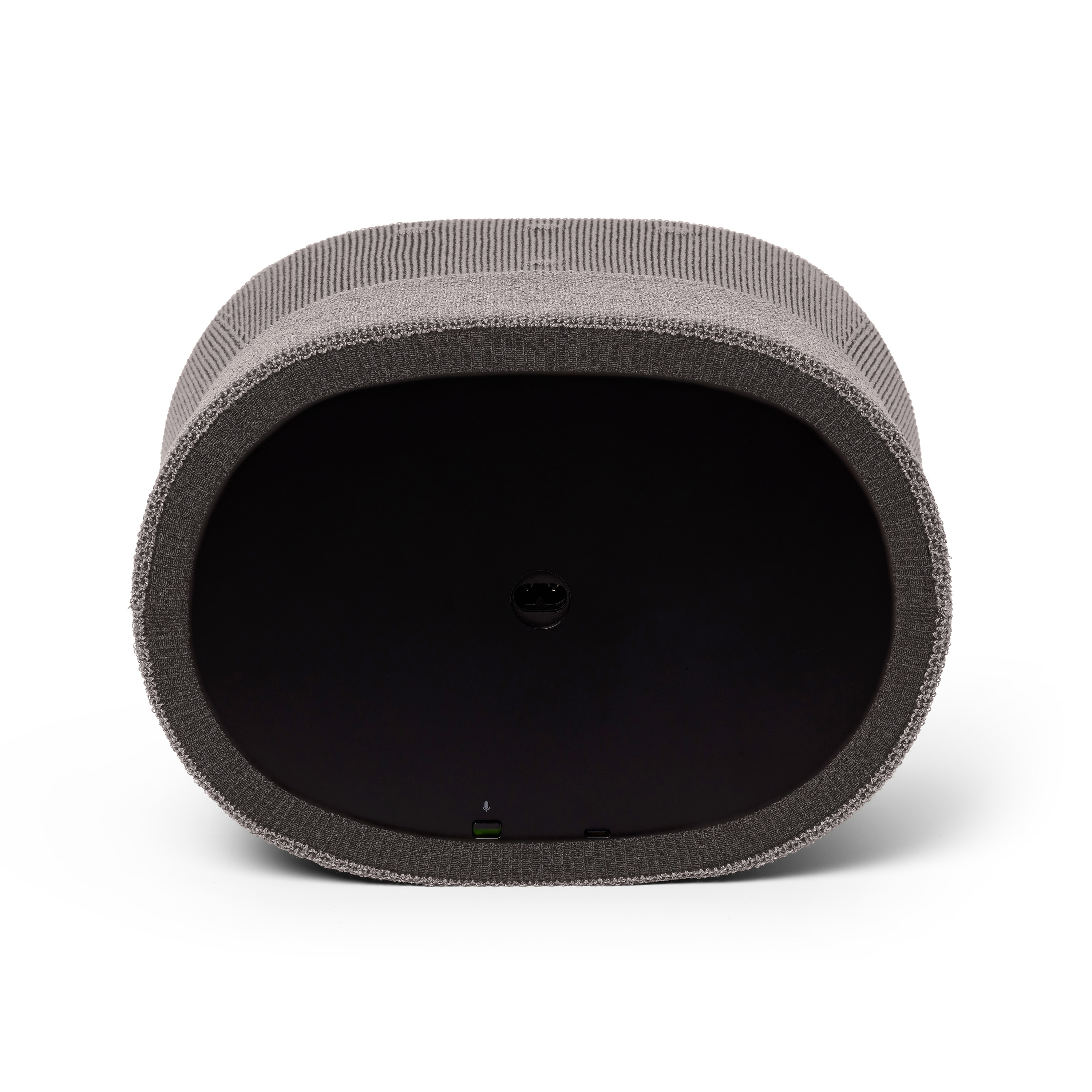 Grijze speaker, ovale vorm, onderaanzicht. Zwarte basis met microfoon en USB-poorten.