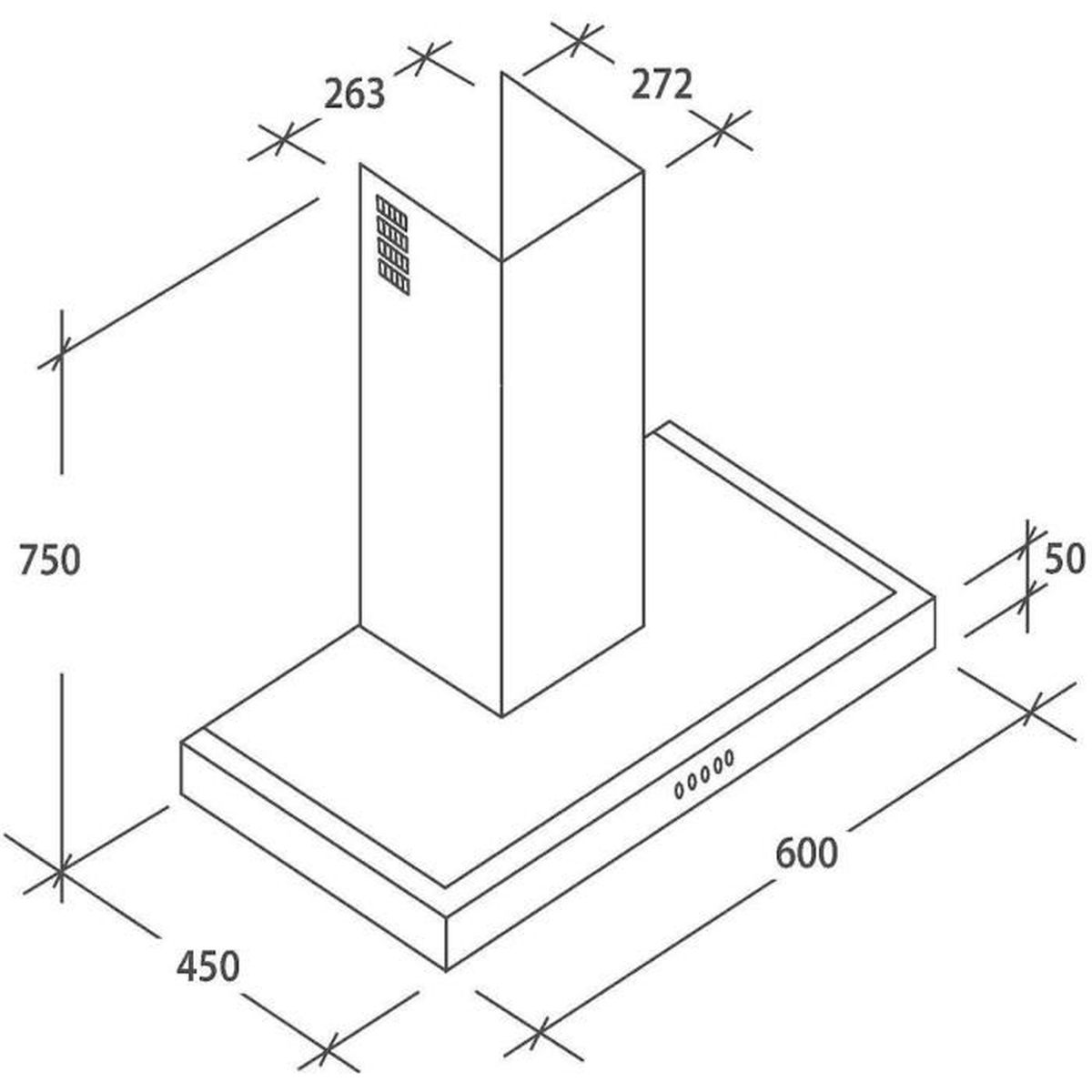 Vista isométrica de una campana extractora con dimensiones en la imagen.