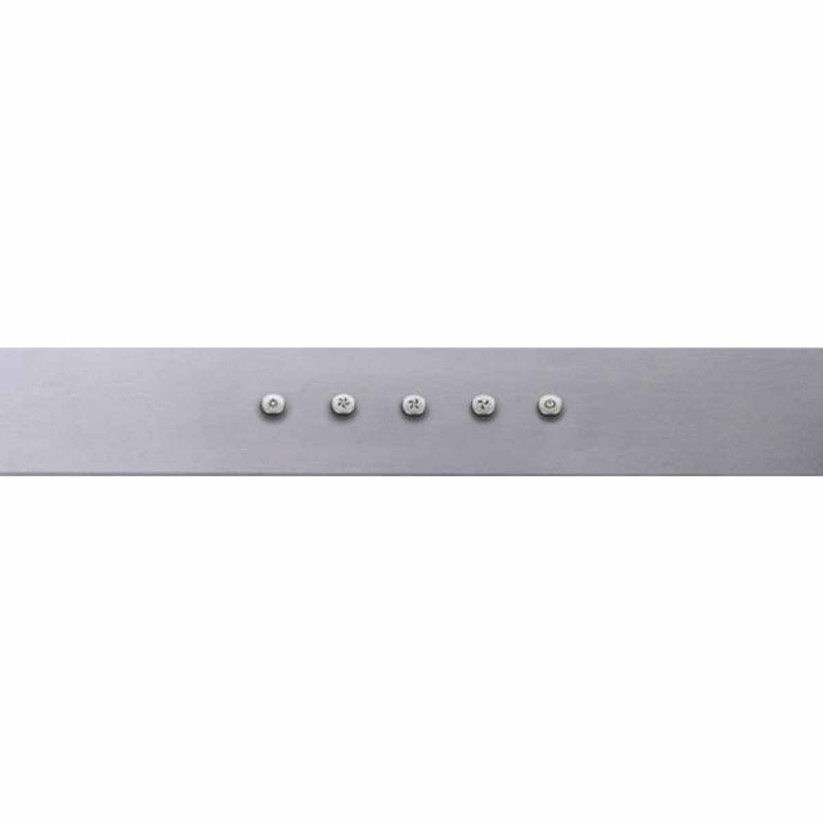 Panel de metal plateado con cinco pequeños controles circulares. Todos están en línea.