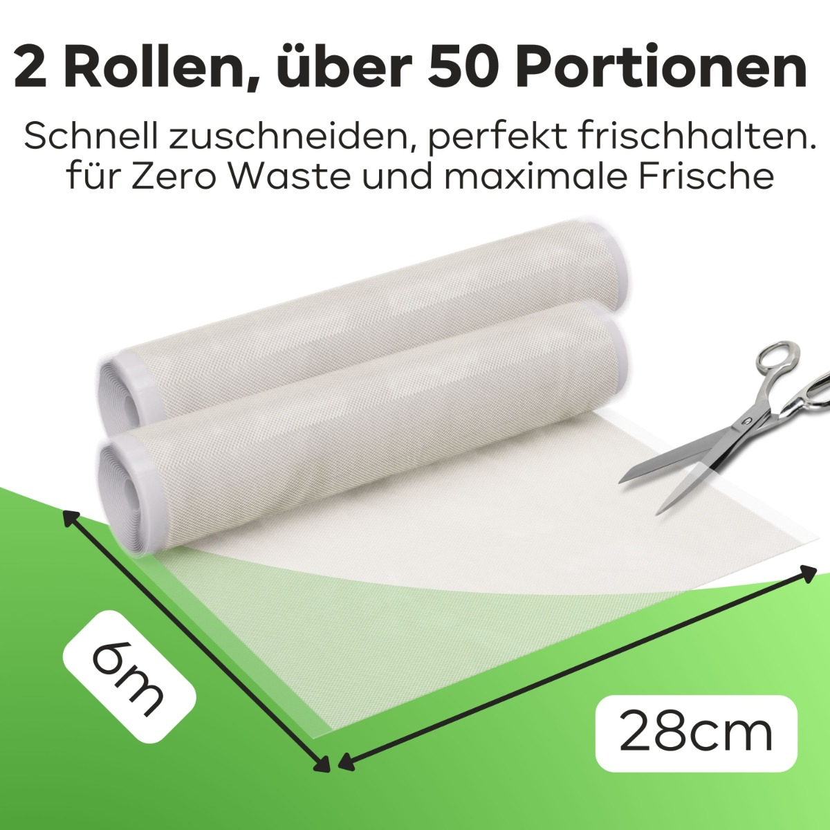 Zwei Rollen weißes, netzartiges Material mit einer Schere auf einer grünen Oberfläche, Abmessungen beschriftet.