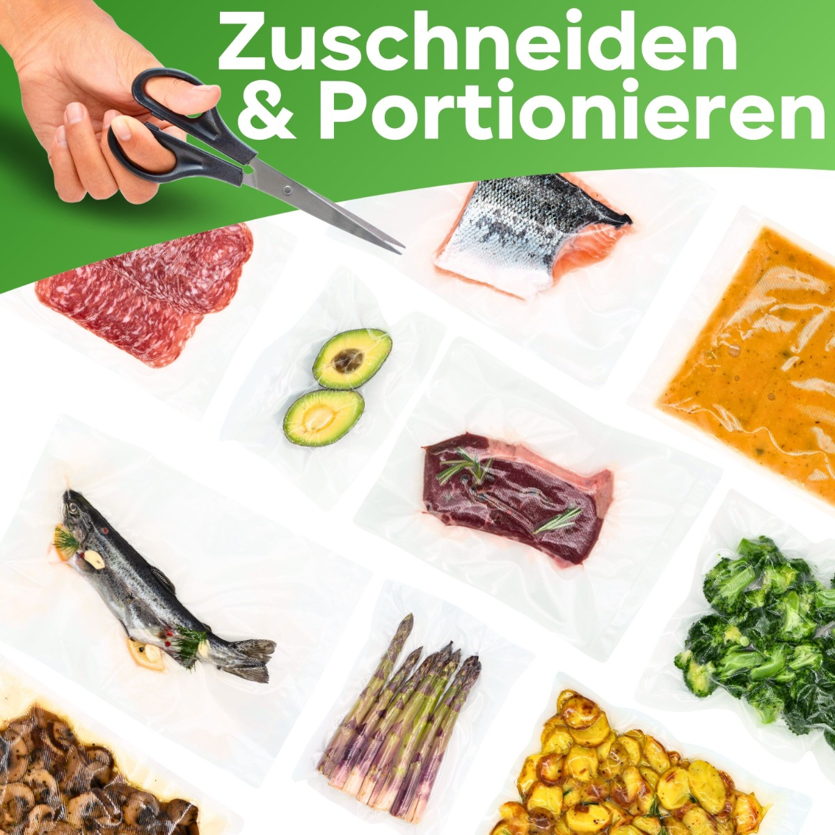 Lebensmittel in transparenten Plastiktüten mit Schere. Enthält Steak, Lachs, Avocado und mehr.