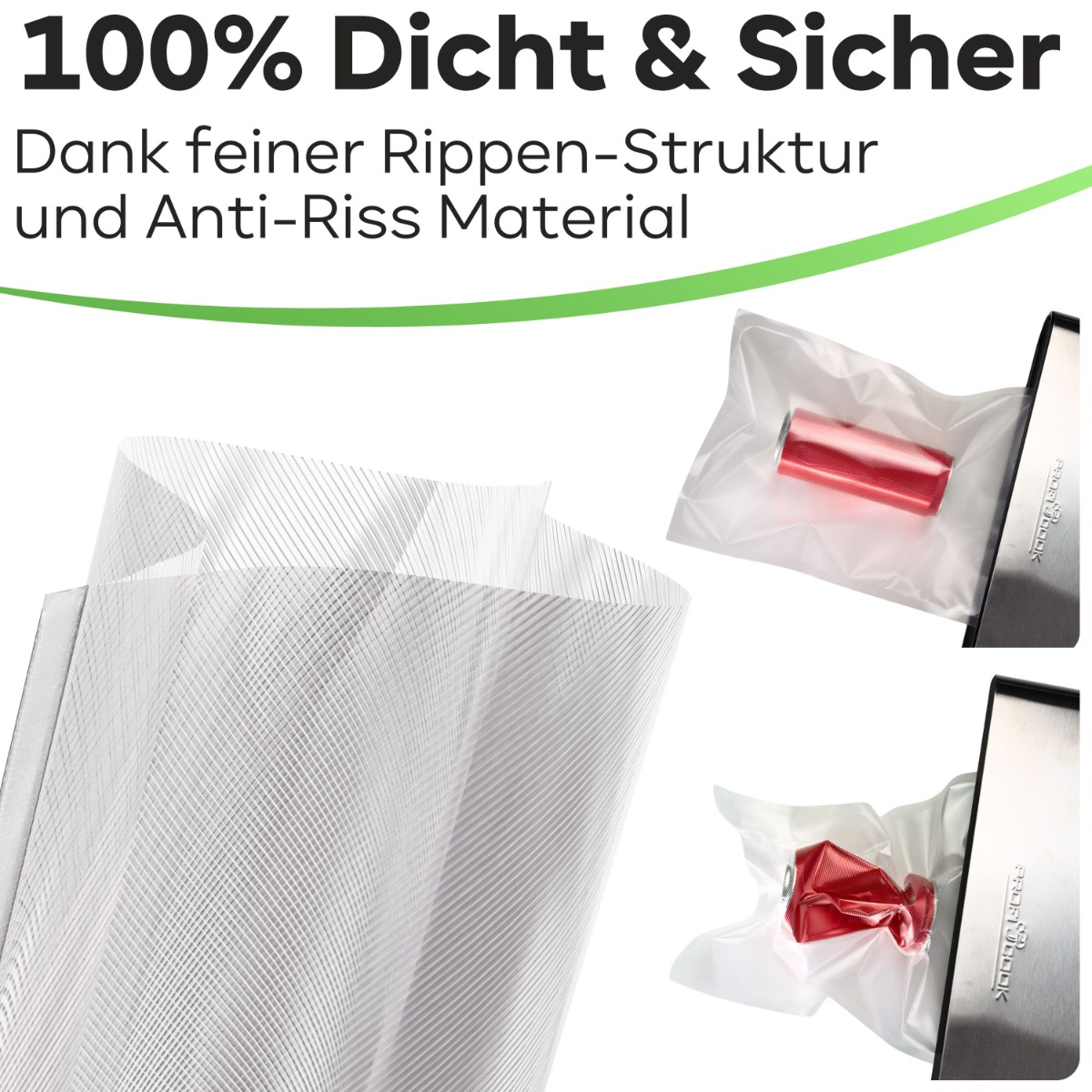 Vakuumierbeutel mit roten Gegenständen darin. Einer ist eine Rolle, ein anderer eine kleine Form.