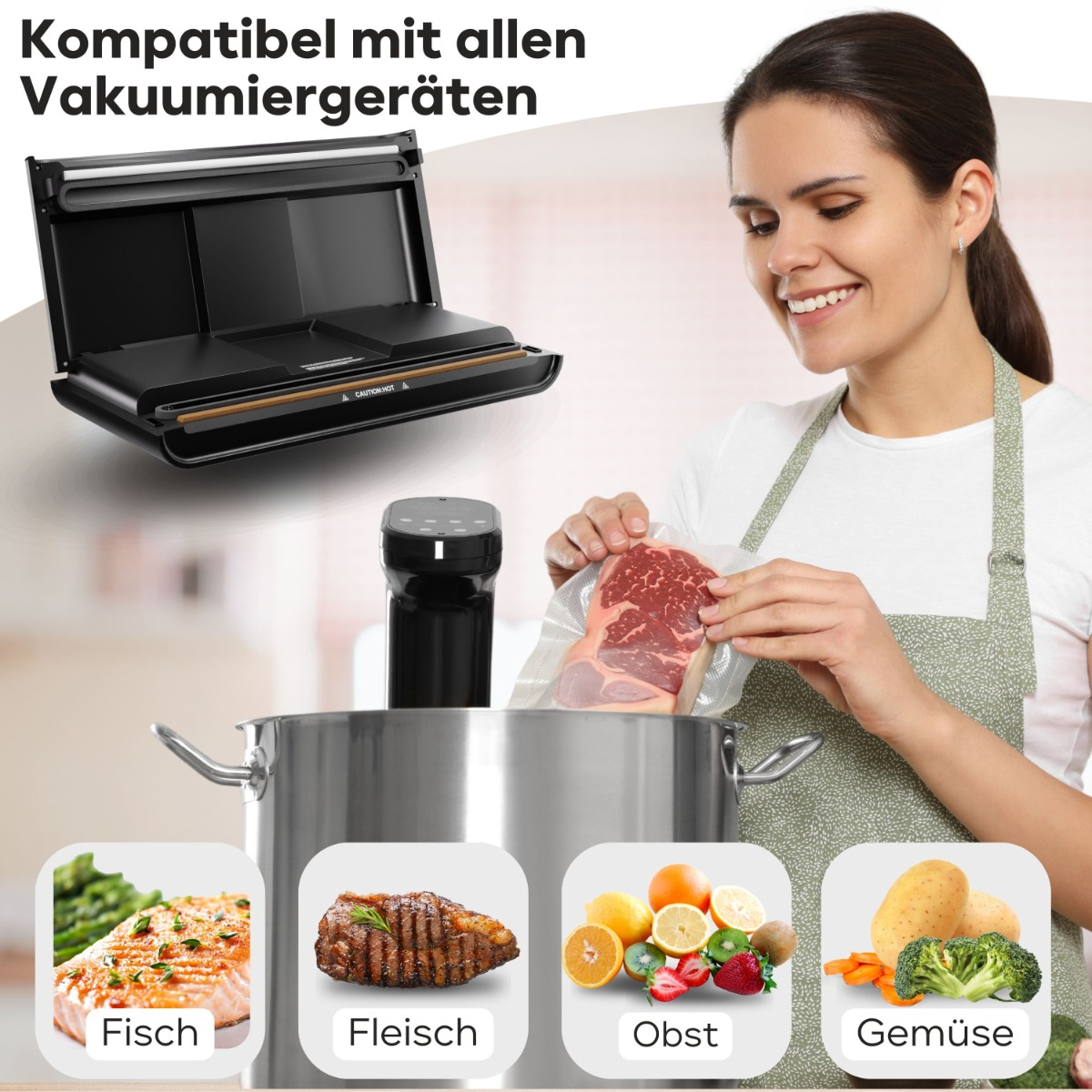 Frau benutzt ein Vakuumiergerät, darunter Bilder von Lebensmitteln: Fisch, Fleisch, Obst und Gemüse.