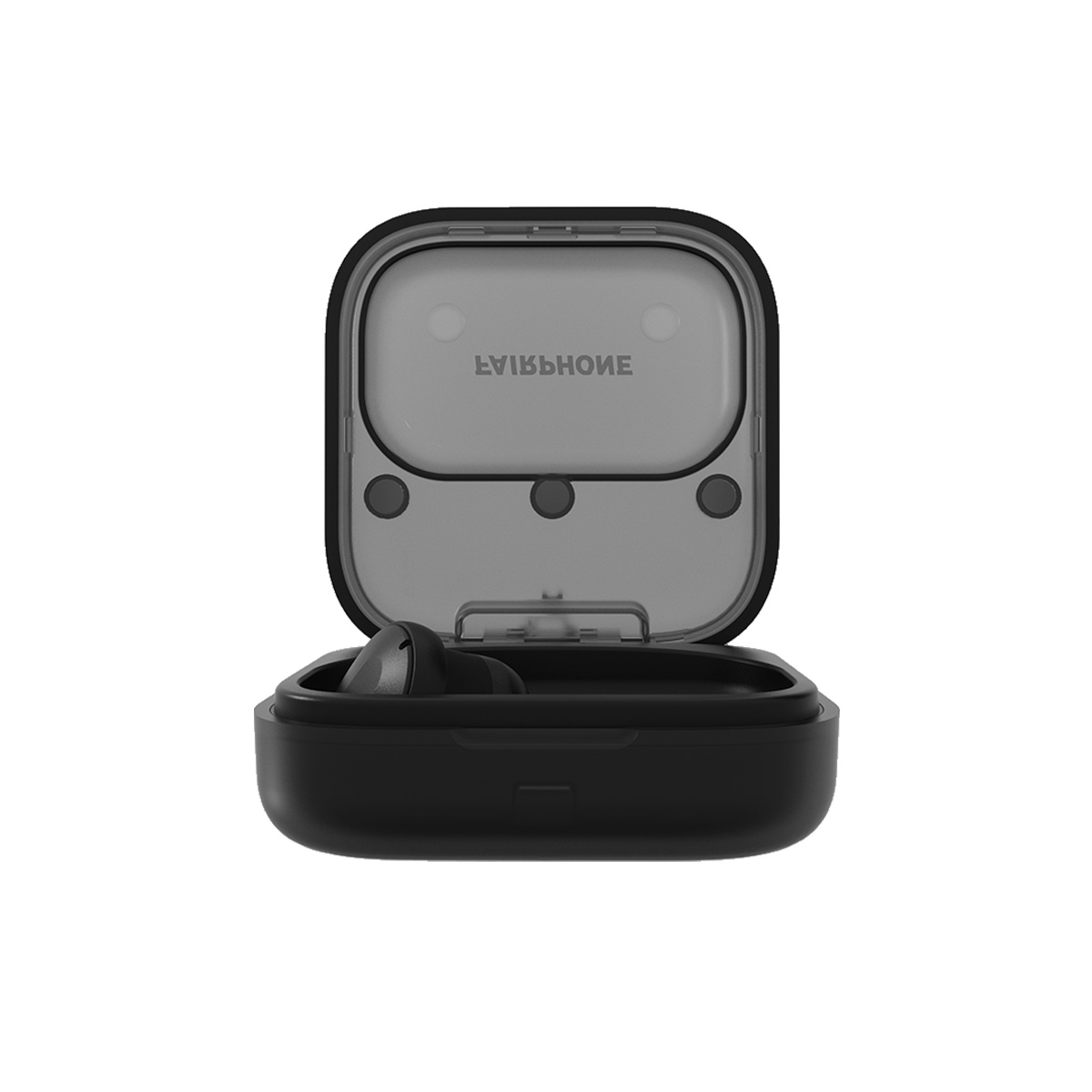 Czarne etui na bezprzewodowe słuchawki z wkładkami dousznymi w środku. Pokrywa otwarta.