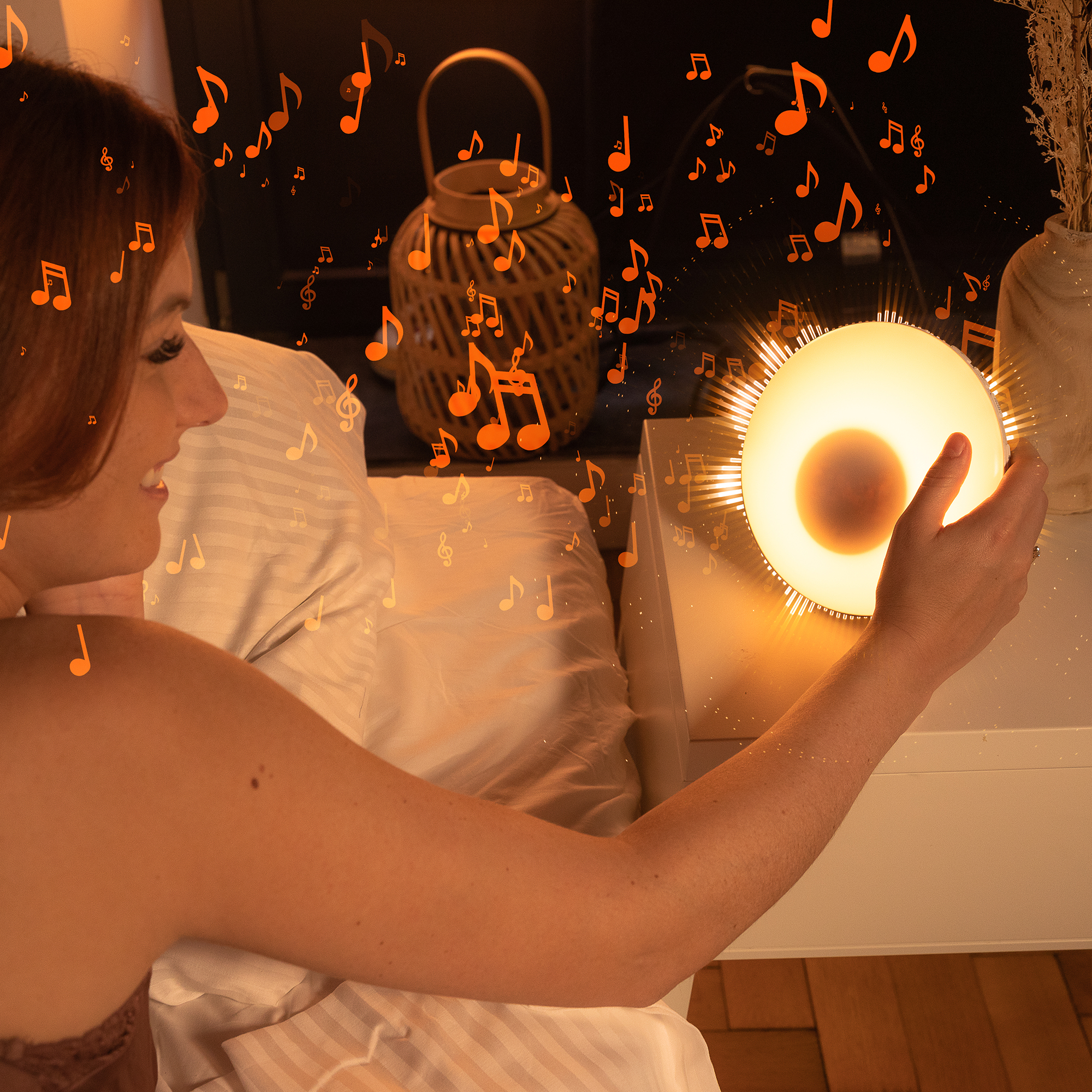 A woman in bed holds a glowing lamp with musical notes around it.
