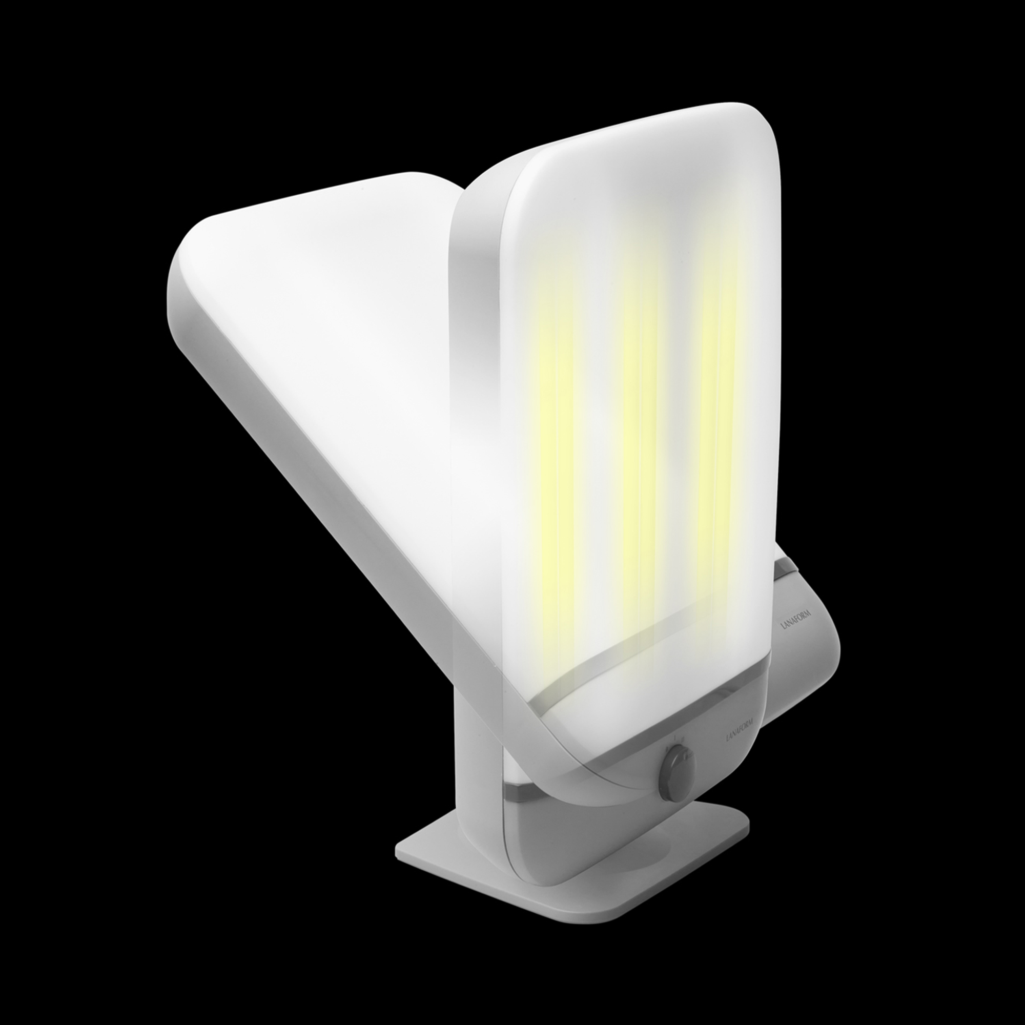 Biała lampa do fototerapii z żółtym światłem emitowanym z przodu.