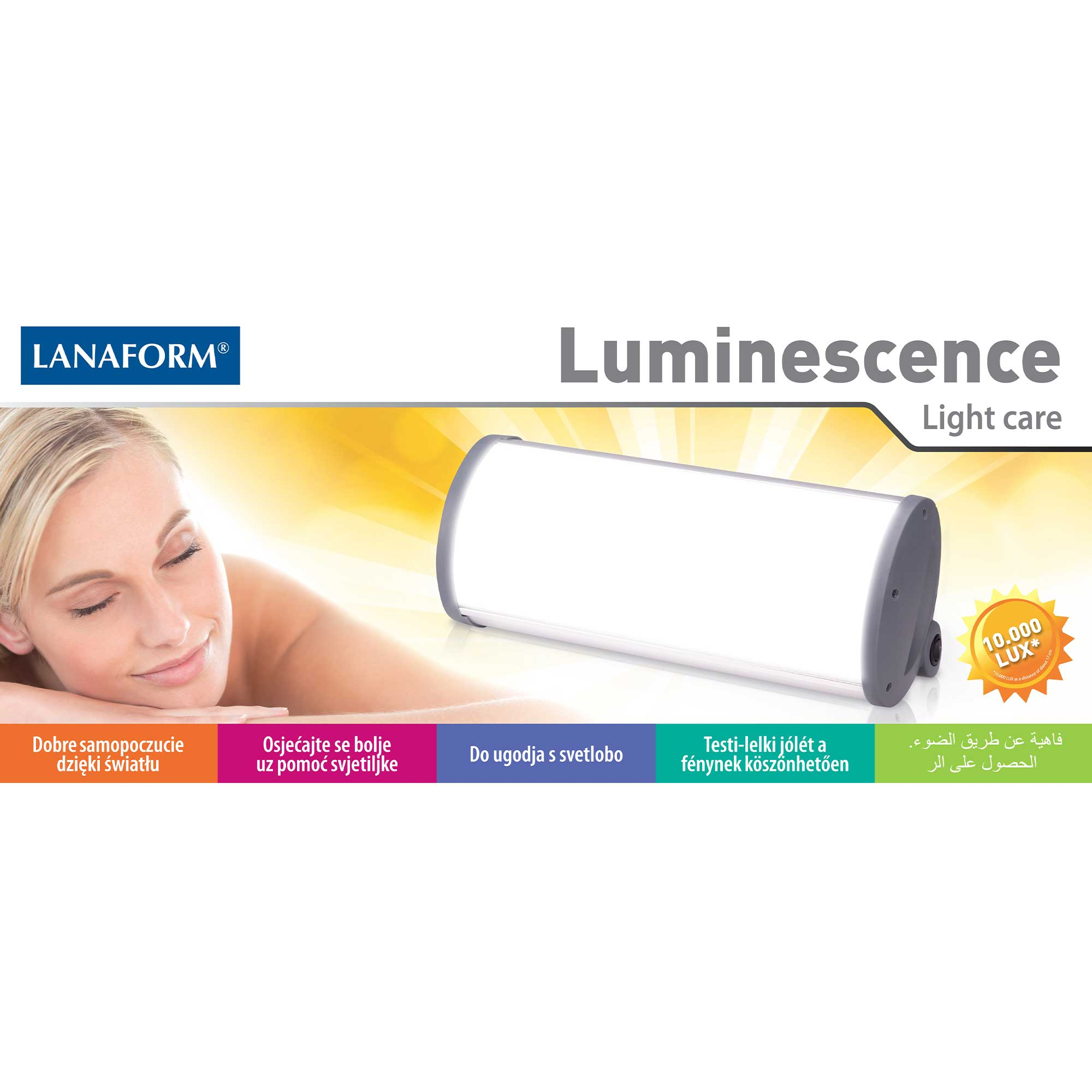 Kobieta obok urządzenia do terapii światłem. Tekst na pudełku podkreśla korzyści światła.