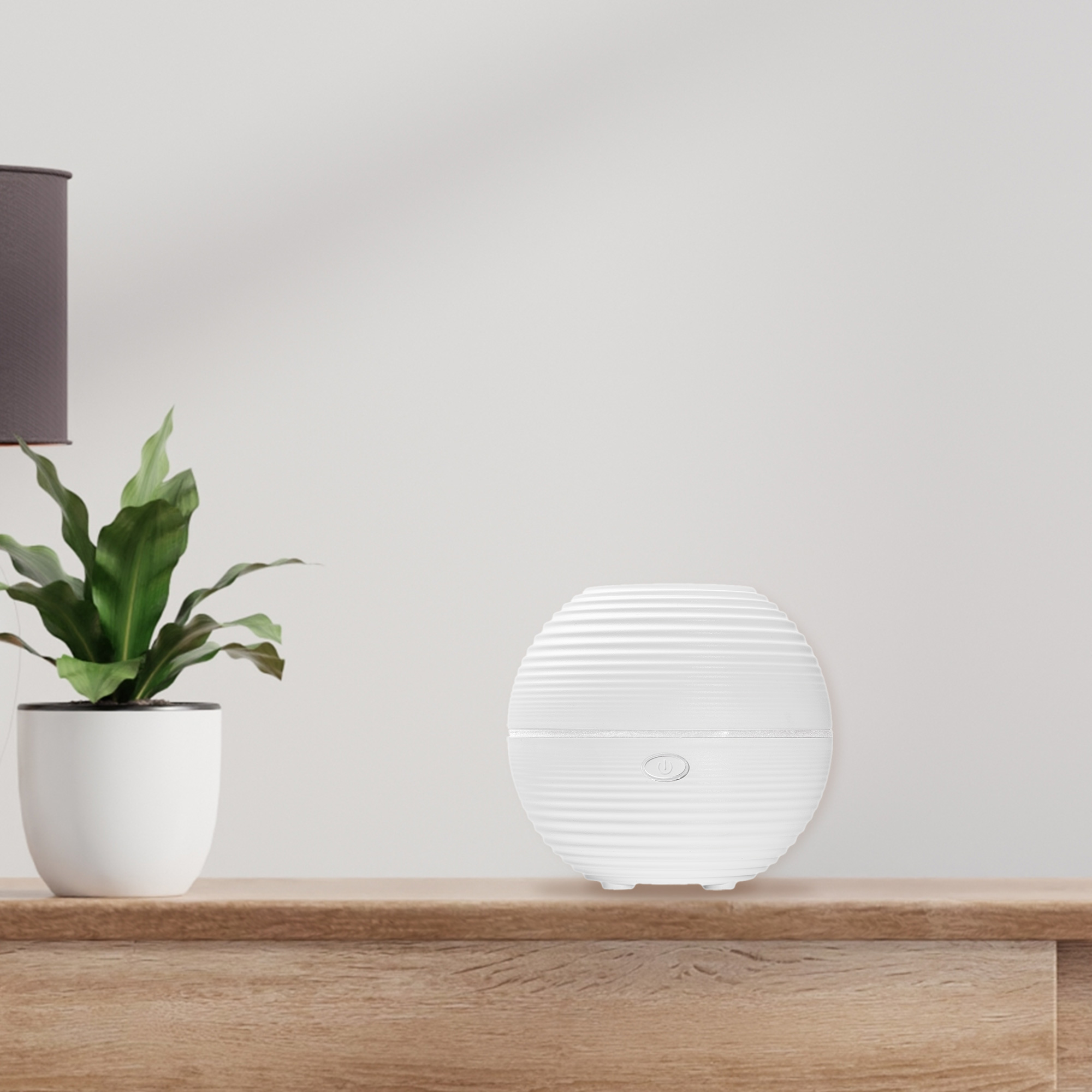 White diffuser, small plant in a pot, and a lamp on a wooden surface against a white wall.