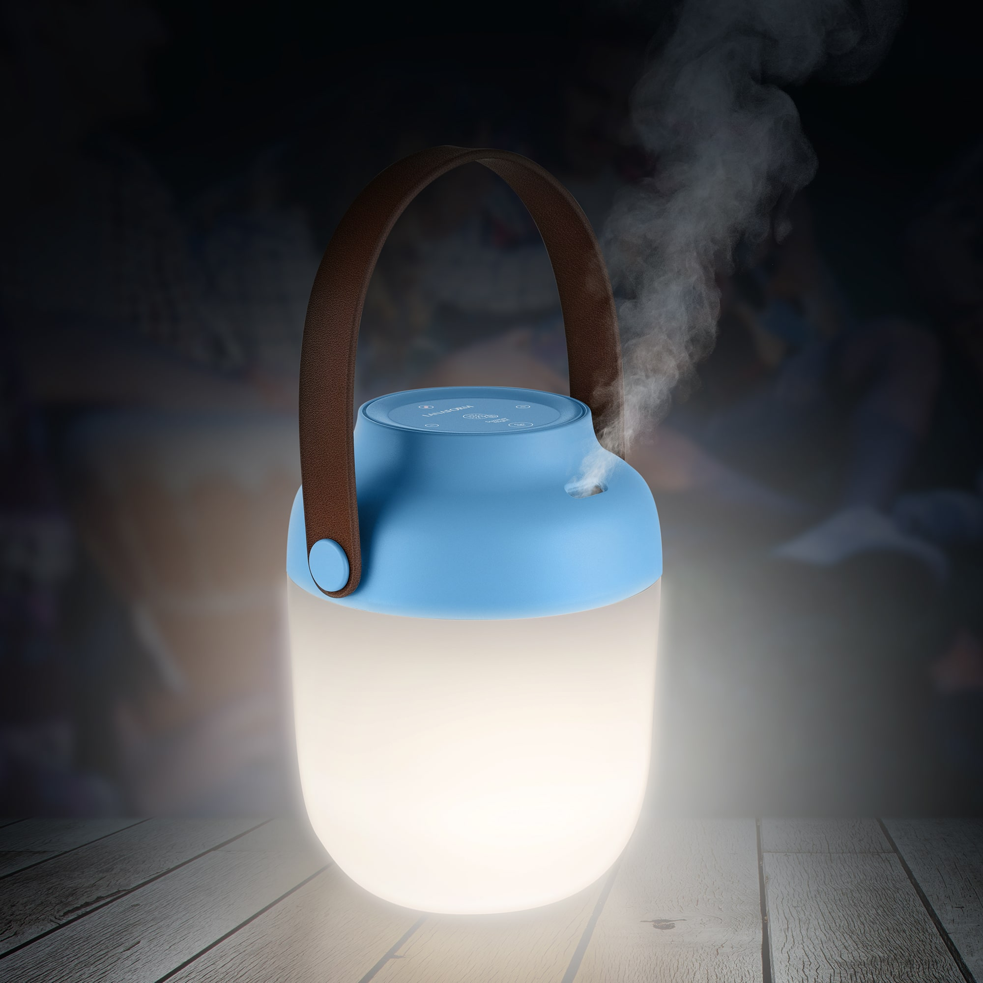 Blue and white lantern-style humidifier with steam. It sits on a wooden surface with a dark background.