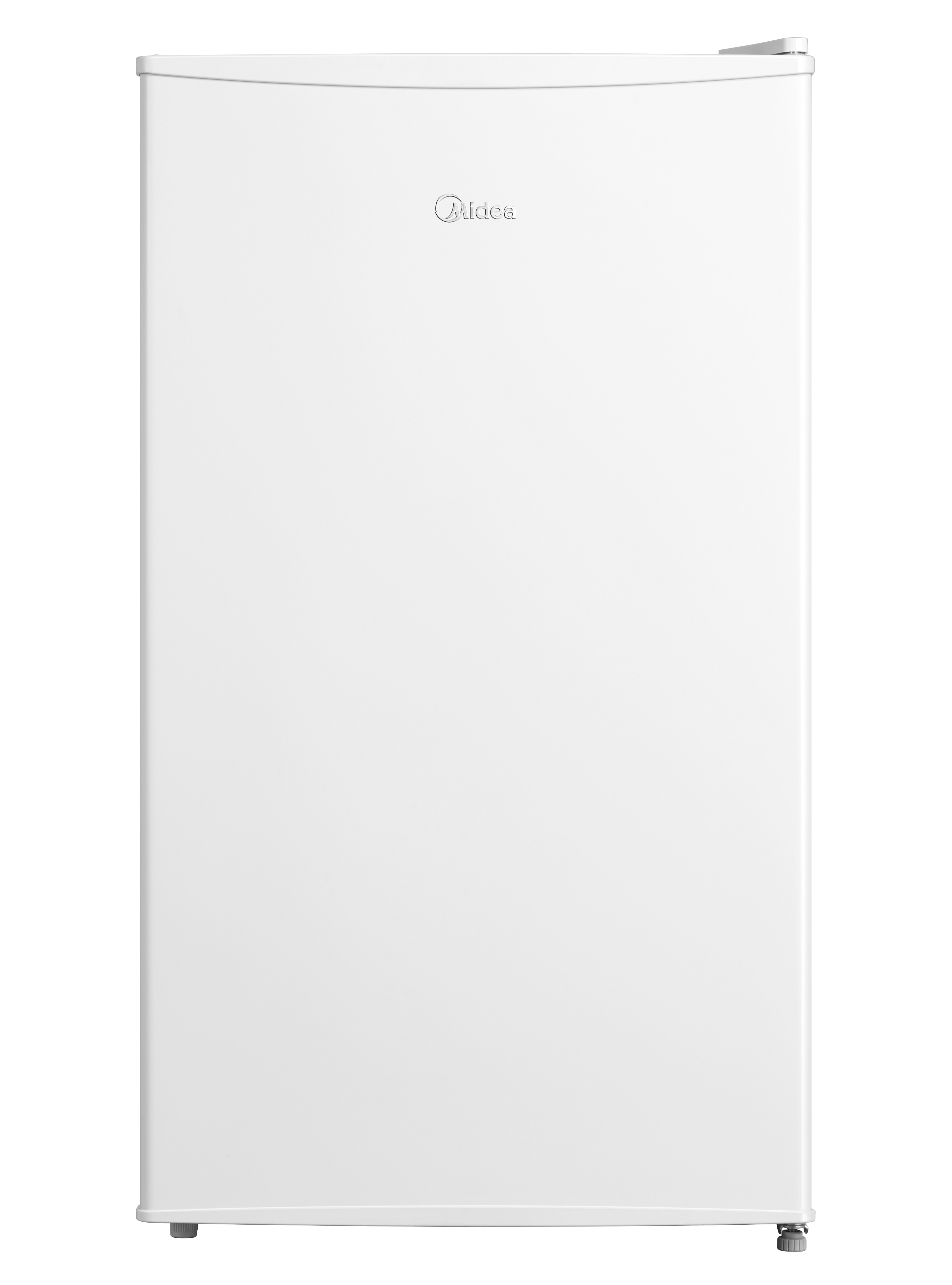 Een witte Midea mini-koelkast, met een handvat, op een witte achtergrond.