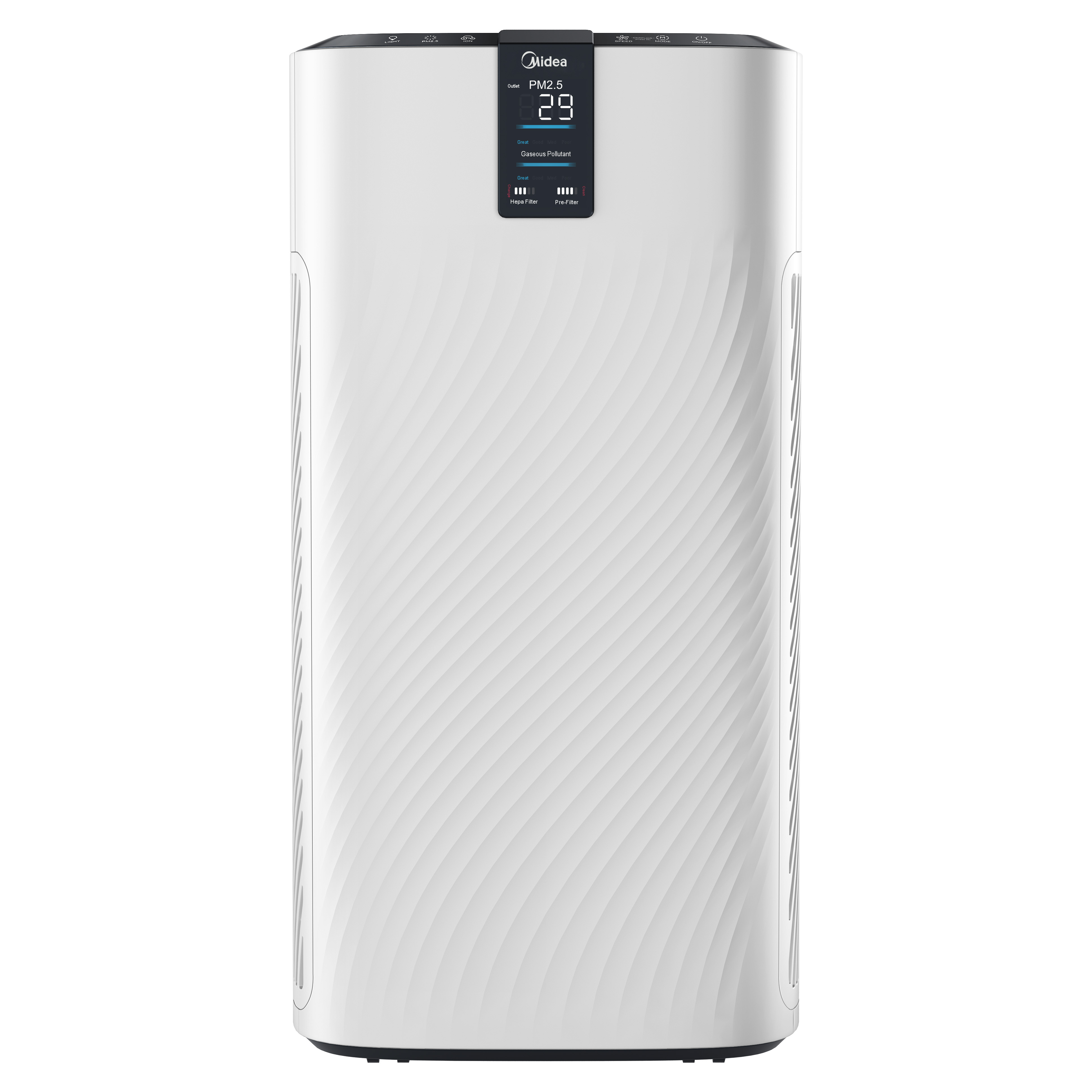 Purificador de aire blanco con pantalla PM2.5 y diseño ondulado. Fondo blanco.