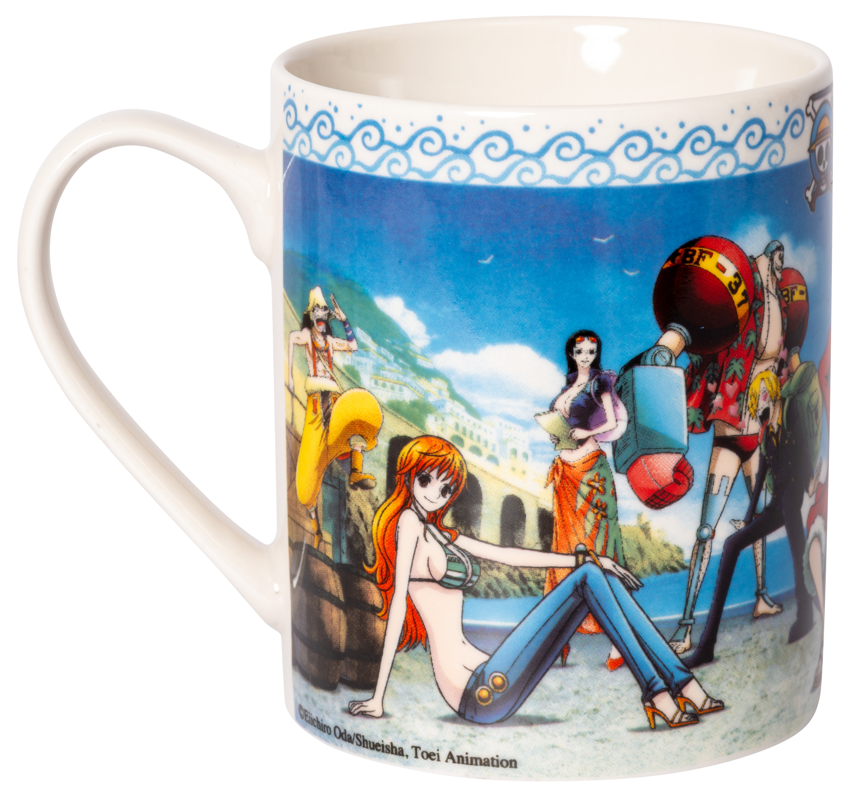 Eine Tasse mit einer bunten Anime-Szene, mit Charakteren und einem Strandhintergrund.