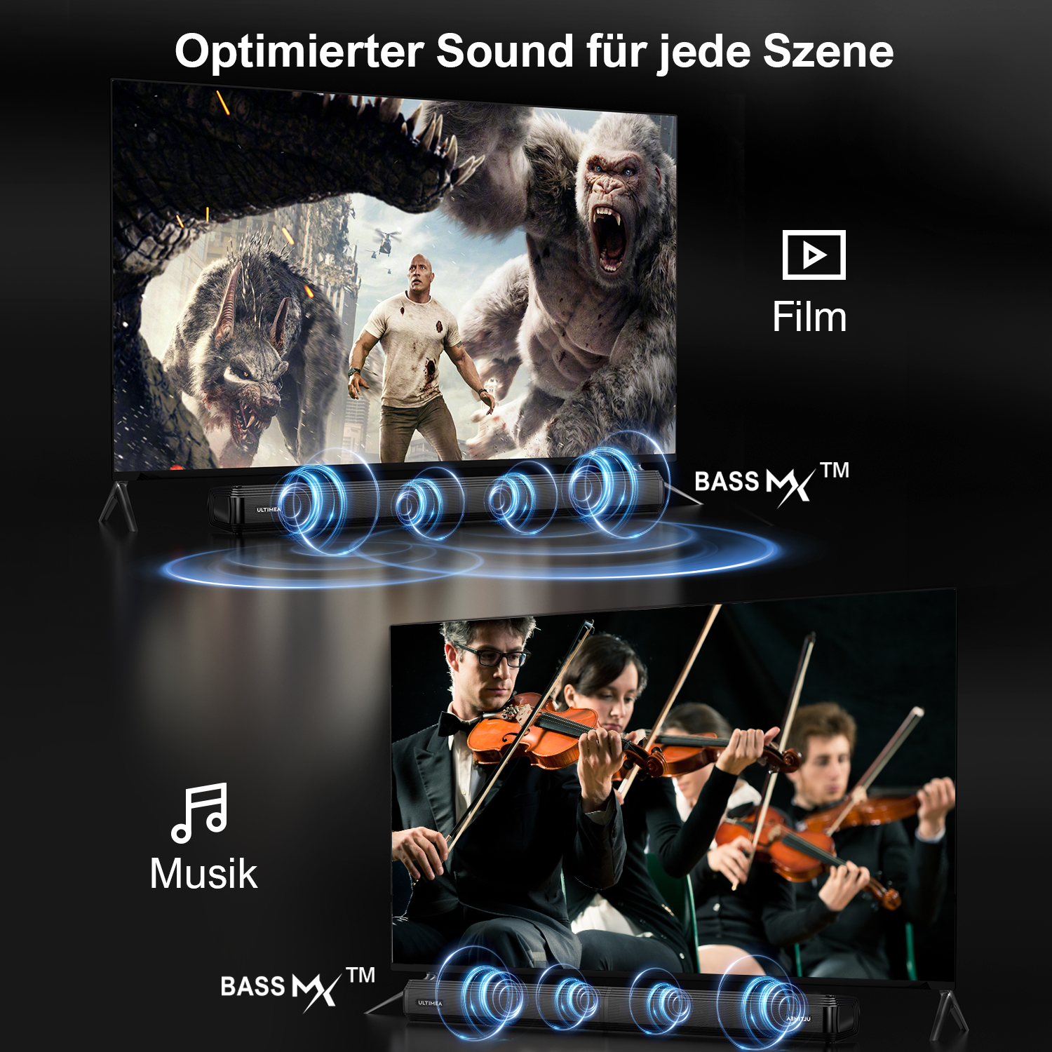 Bild mit zwei Szenen von einem Fernseher und einer Soundbar. Der Hintergrund ist dunkel.
