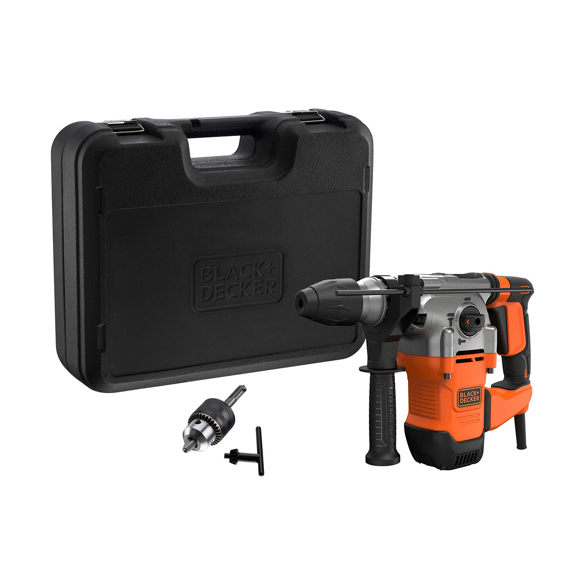 Schwarz-oranger Black & Decker Bohrhammer mit Zubehör in einem Koffer.
