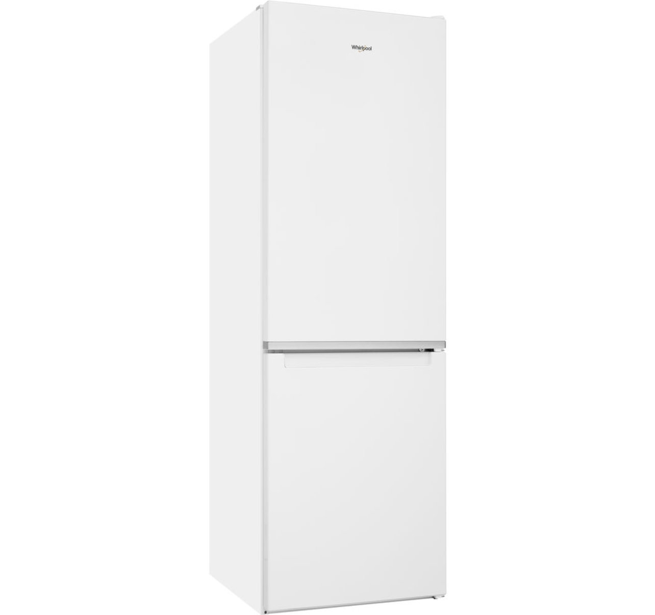 Biała lodówka Whirlpool. Ma dwie sekcje, lodówkę i zamrażarkę. Srebrne uchwyty drzwi.