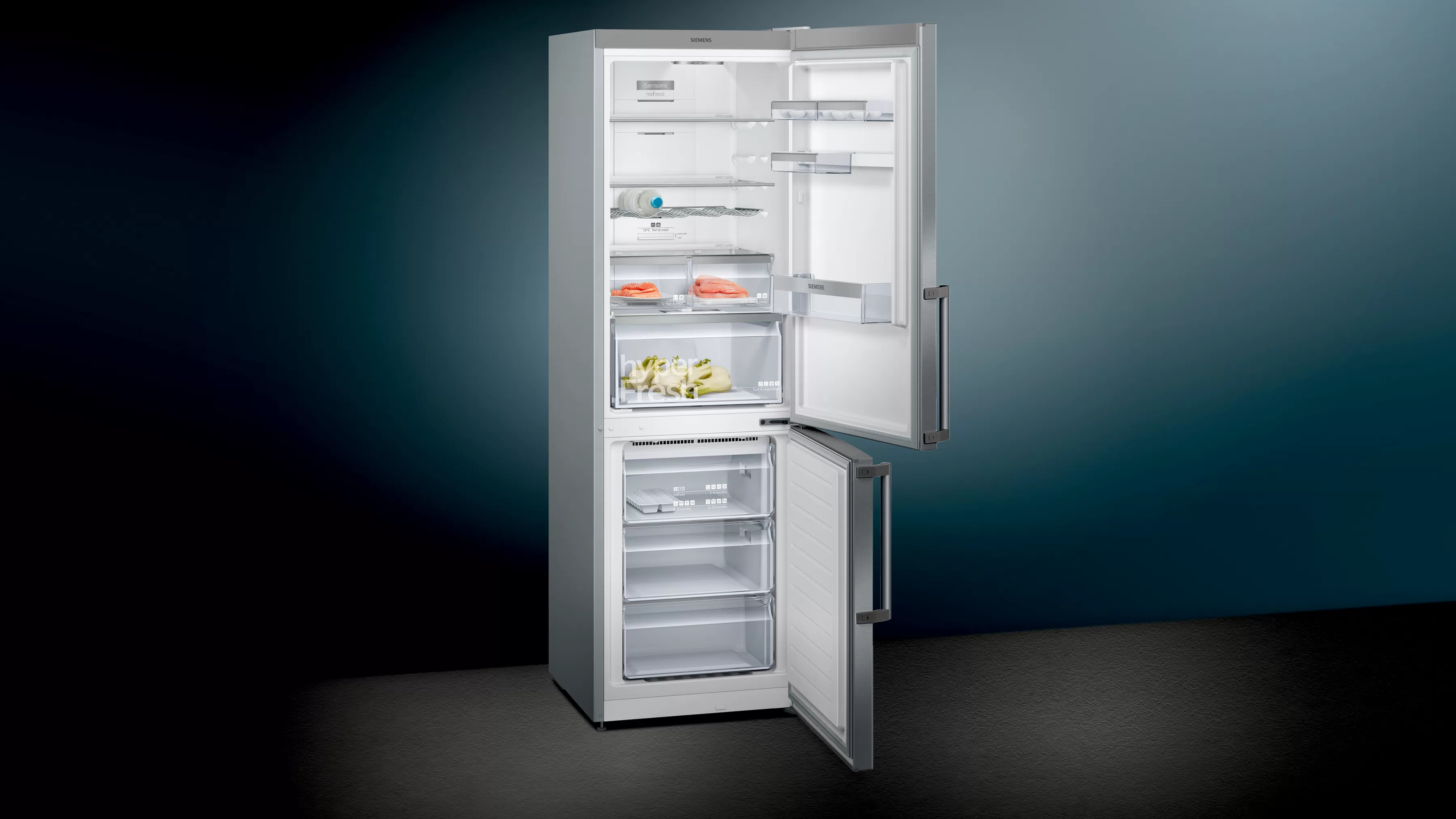 A refrigerator with open doors, showing the inside compartments and shelves, on a dark background.