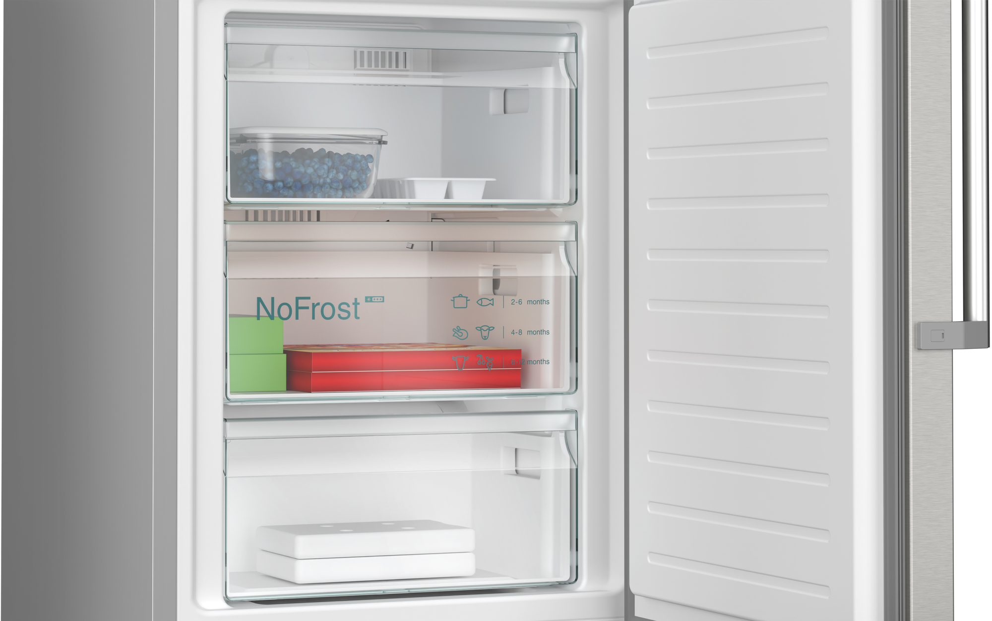 Refrigerator interior with open drawers and shelves, containing food items.